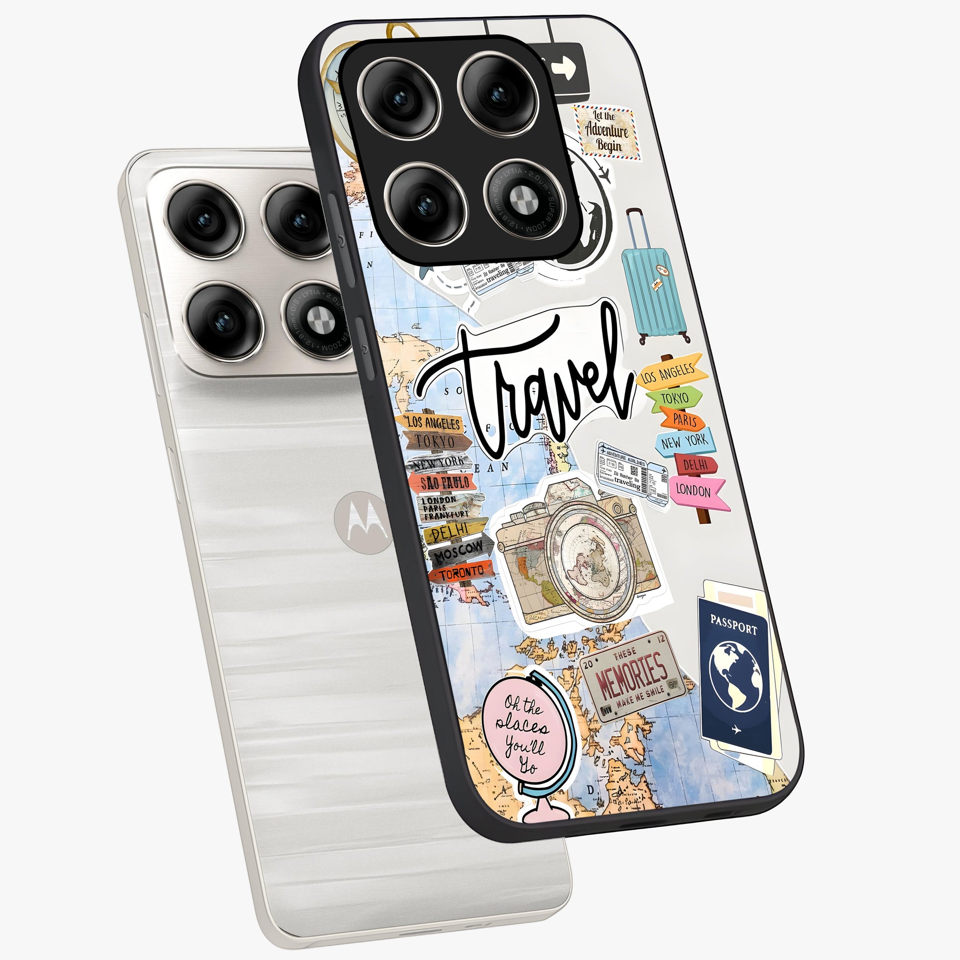 Wanderlust Journal Glass Case displayed in angled mockup highlighting adventure themed design with aesthetic travel vibe.
