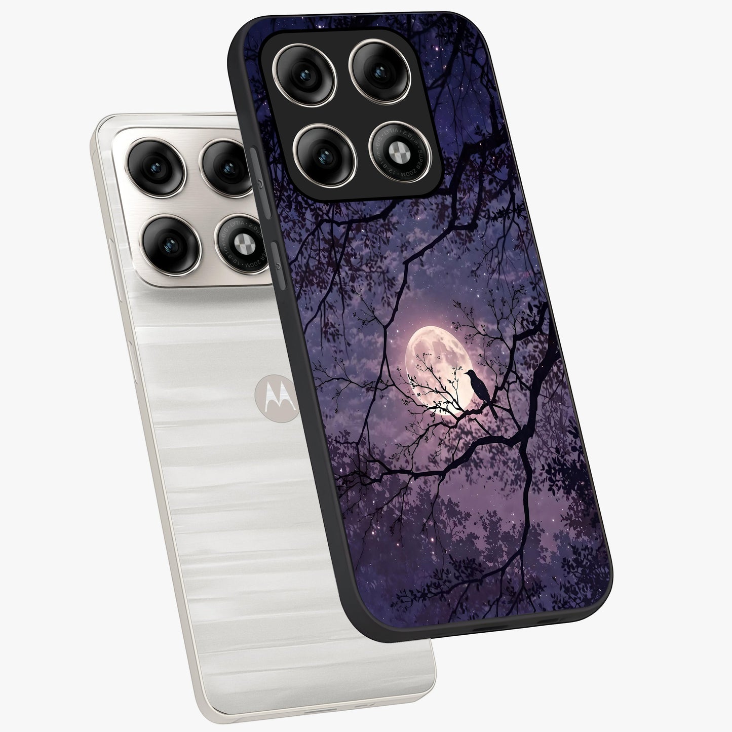 Whispering Moon Silence Glass Case displayed in angled mockup highlighting calm lunar design with dreamy night aesthetic.