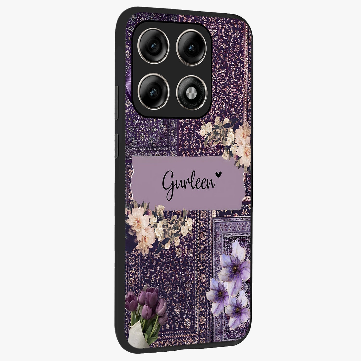 Antique Floral Whisper Custom Name Glass Case upright view showcasing delicate floral artwork with custom name feature.