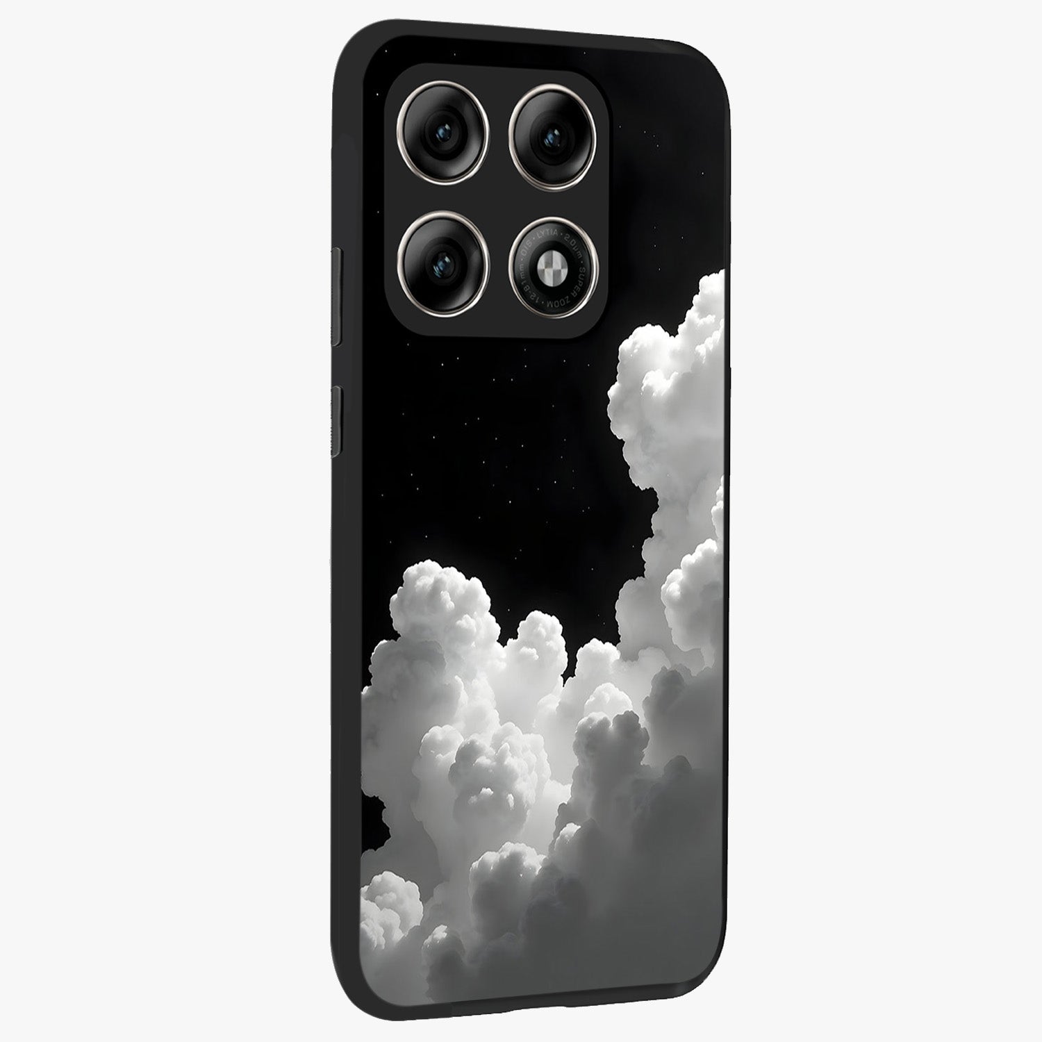 Black Background With White Cloud Glass Case upright view showcasing calm cloud aesthetic with modern minimal style.