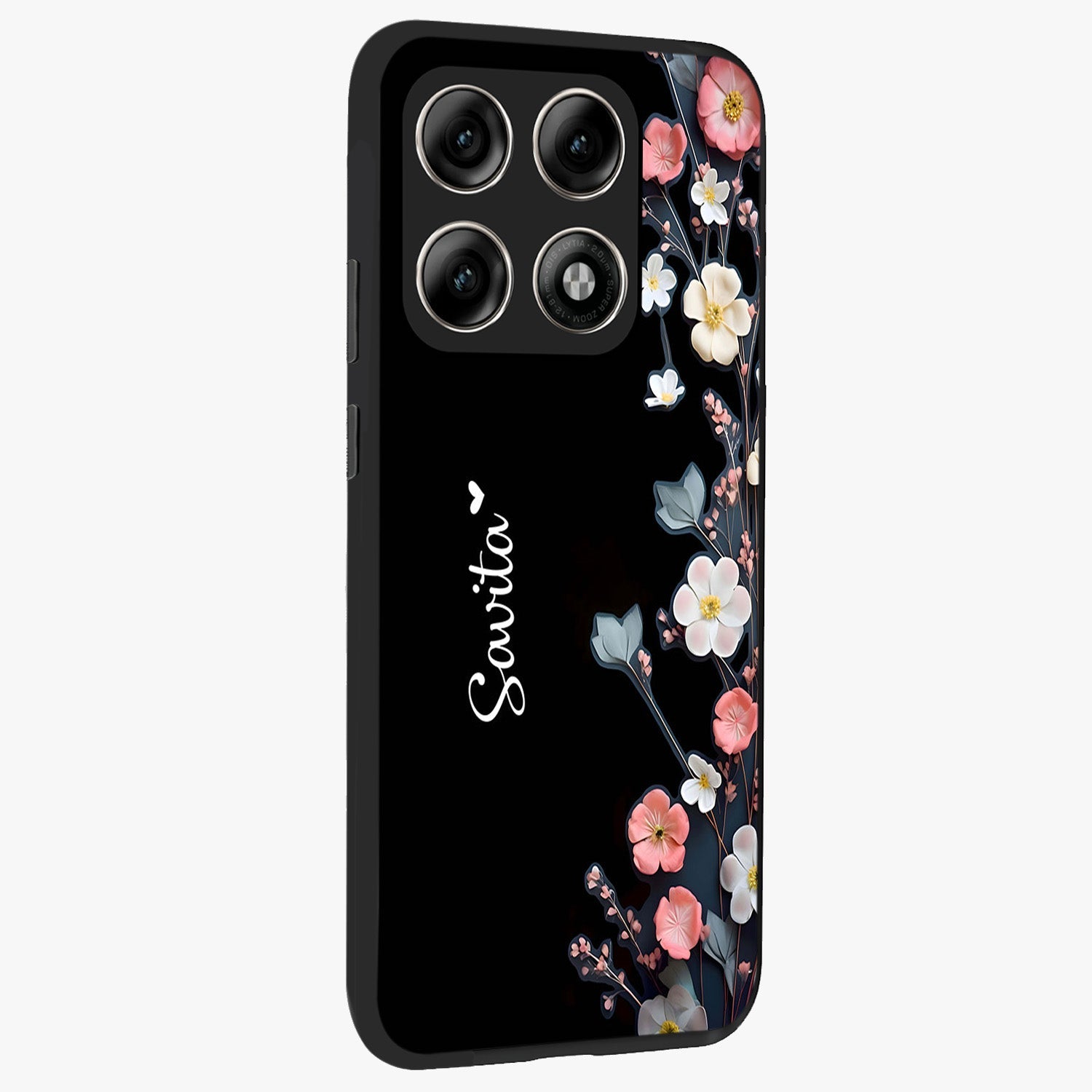 Black Elegance Floral Custom Name Glass Case upright view showcasing luxurious black floral design with personalized name detail.