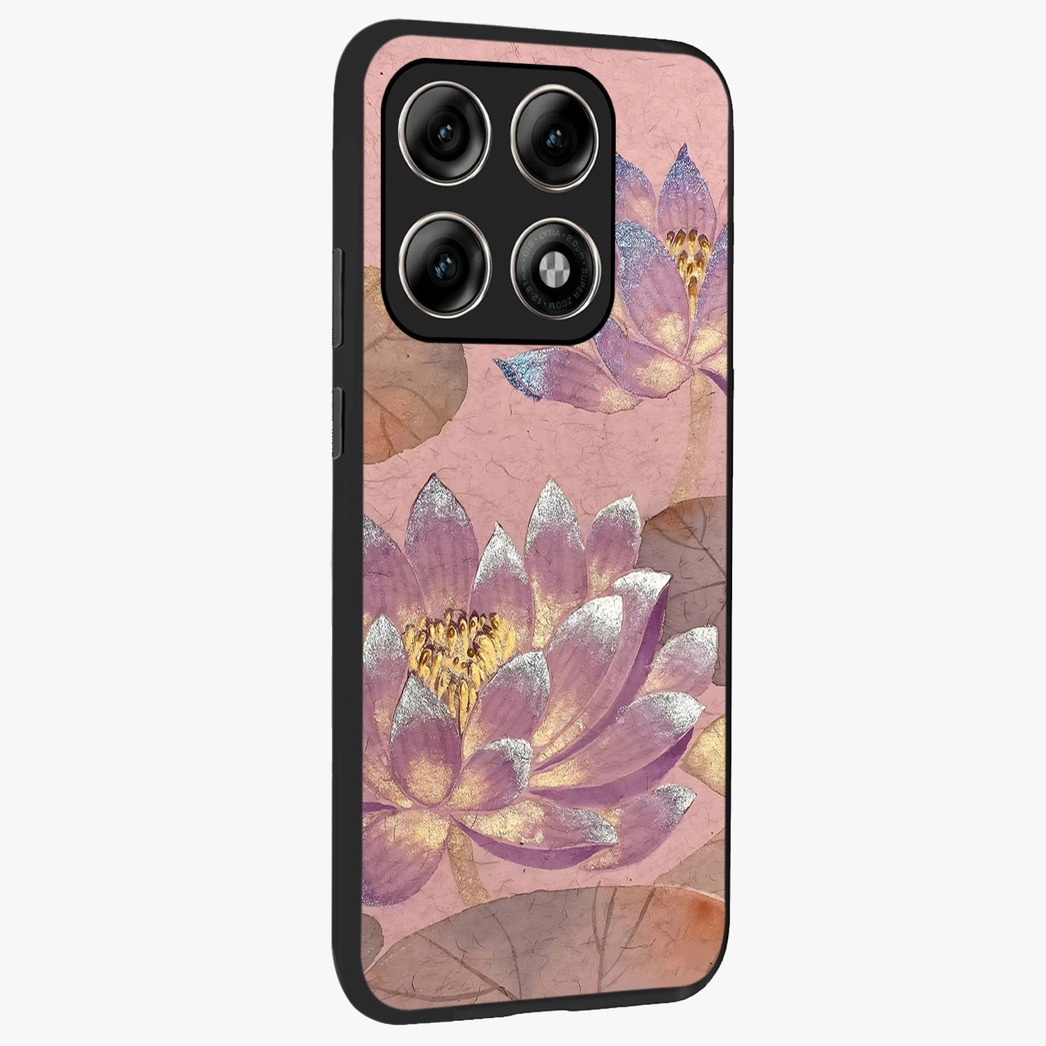 Blossom Mist Lotus Glass Case upright view showcasing graceful lotus flower design with peaceful botanical style.