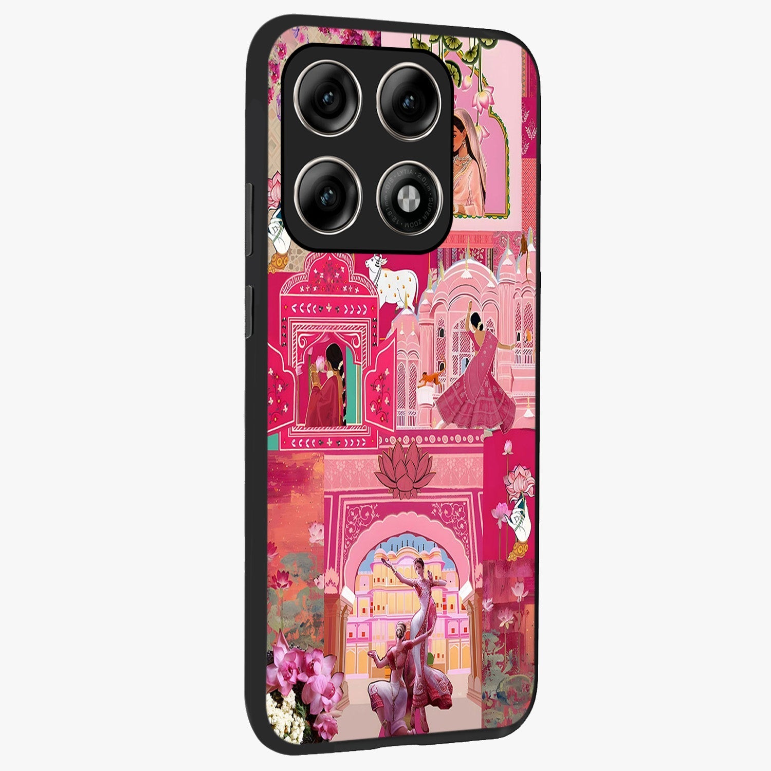 Blossoms of Rajasthan Glass Case upright view showcasing colorful floral design inspired by traditional Indian art.