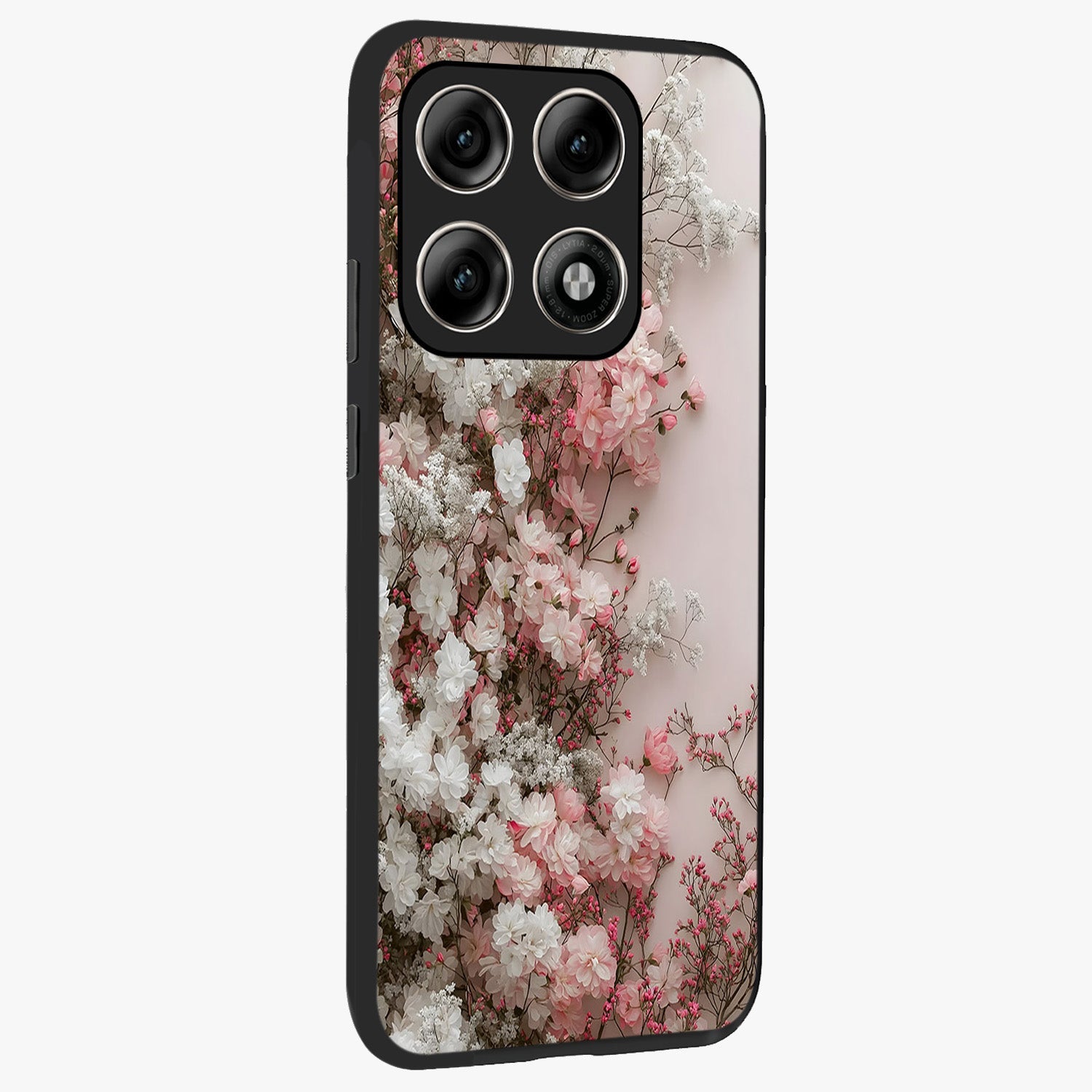 Blush Blossom Cloud Glass Case upright view showcasing calm floral cloud artwork with gentle dreamy theme.