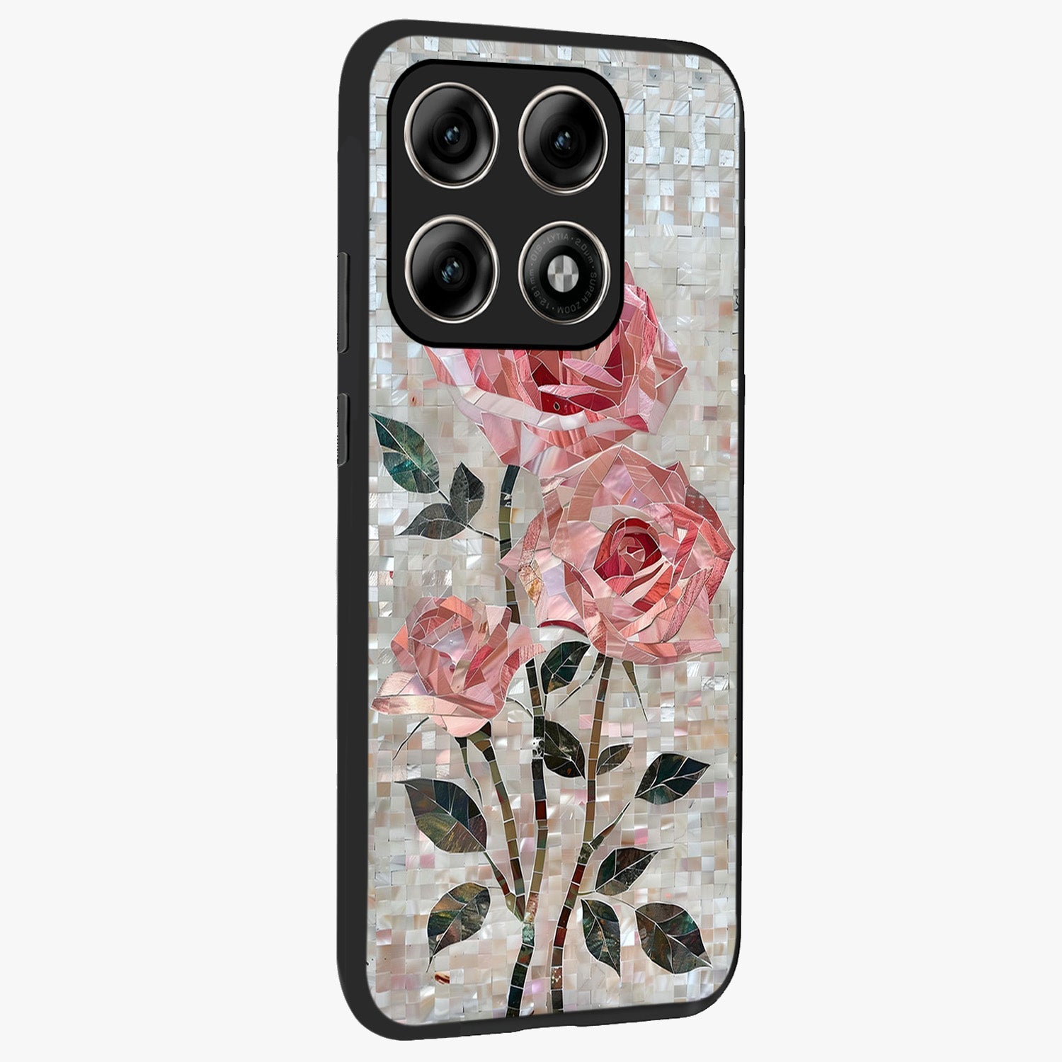 Blush Mosaic Bloom Glass Case upright view showcasing decorative floral mosaic artwork with stylish modern aesthetic.