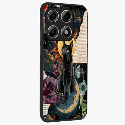 Celestial Black Cat Glass Case upright view showcasing magical black cat illustration with starry cosmic theme.