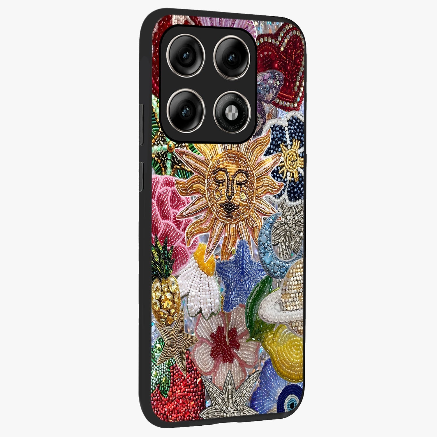 Celestial Floral and Playful Glass Case upright view showcasing whimsical floral artwork with cosmic aesthetic theme.
