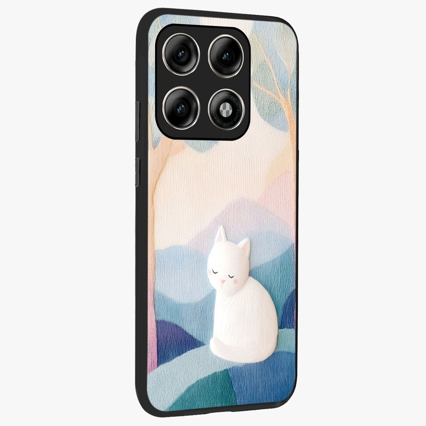 Cotton Dream Cat Glass Case upright view showcasing charming cat artwork with cozy dreamy theme.