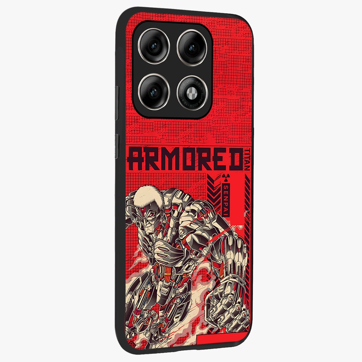Crimson Mecha Titan Glass Case upright view showcasing dynamic robotic titan design with sci-fi inspired theme.