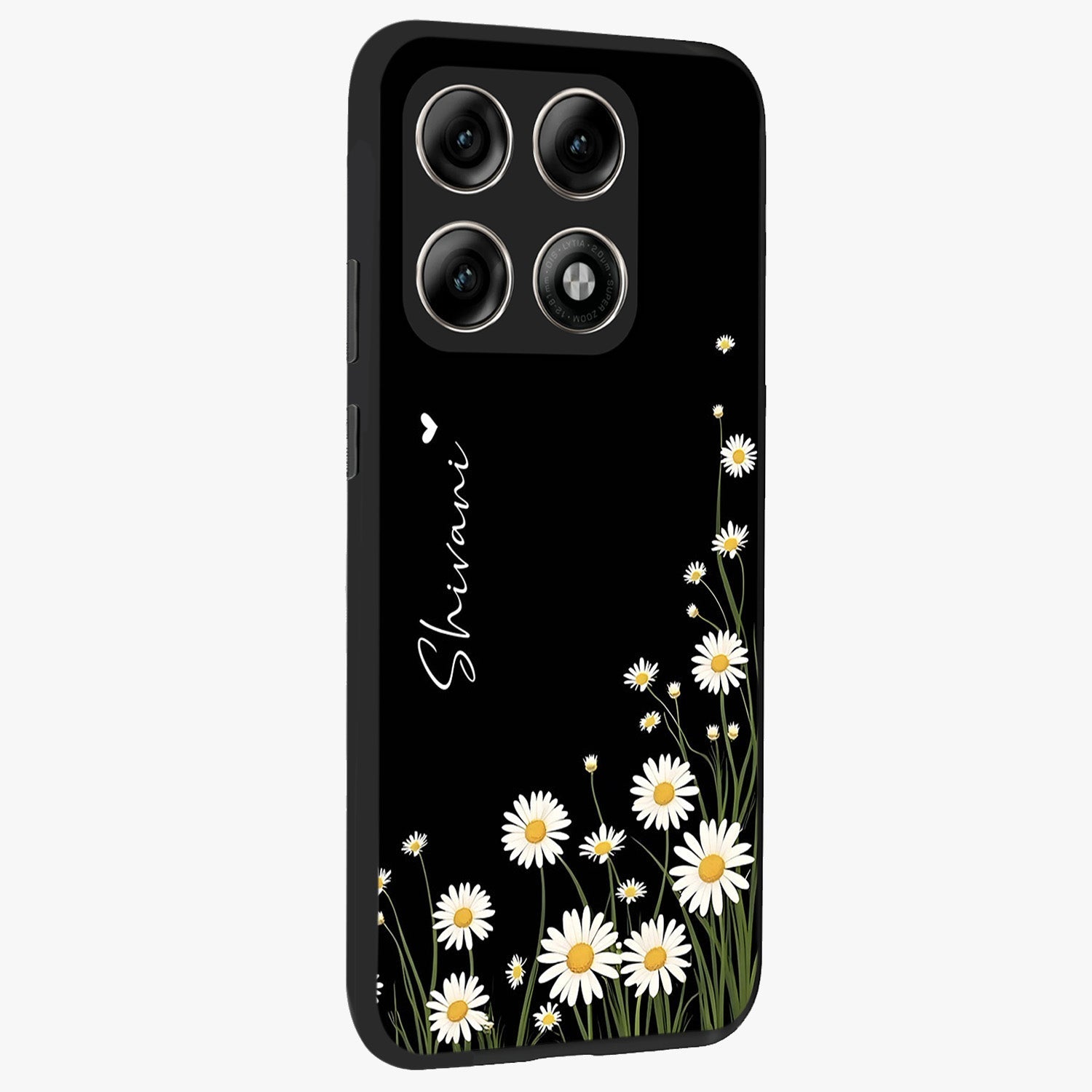 Daisy Cascade Custom Name Glass Case upright view showcasing elegant floral cascade design with personalized aesthetic.