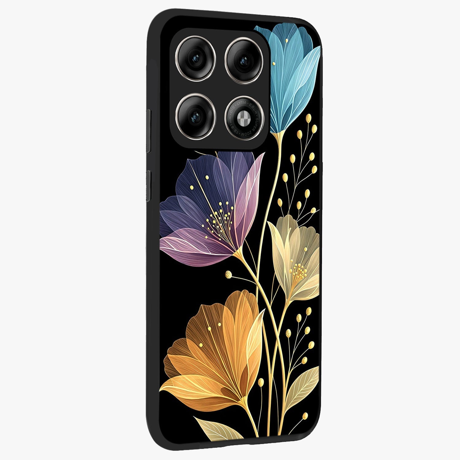 Delicate Multicolor Flowers Glass Case upright view showcasing delicate floral artwork with bright botanical theme.