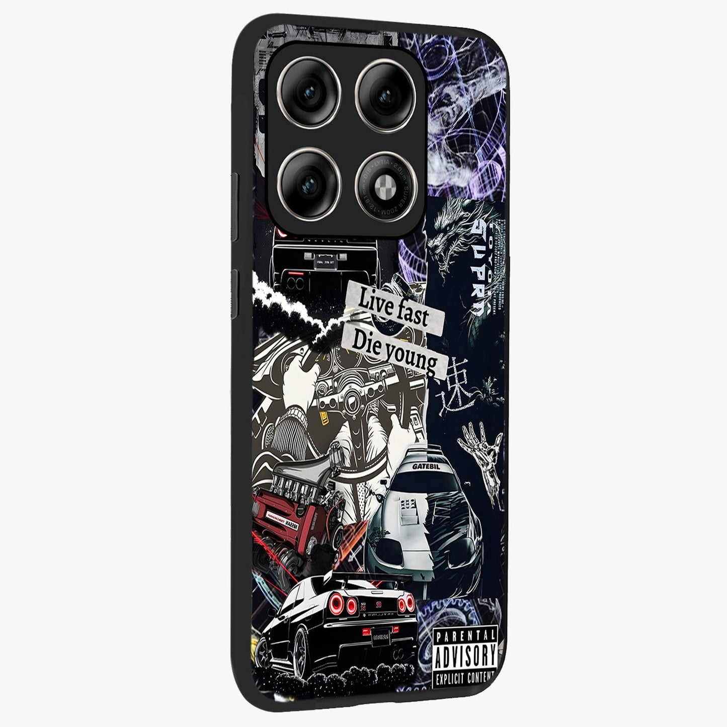 Die Young Glass Case upright view showcasing striking typography artwork with modern statement theme.
