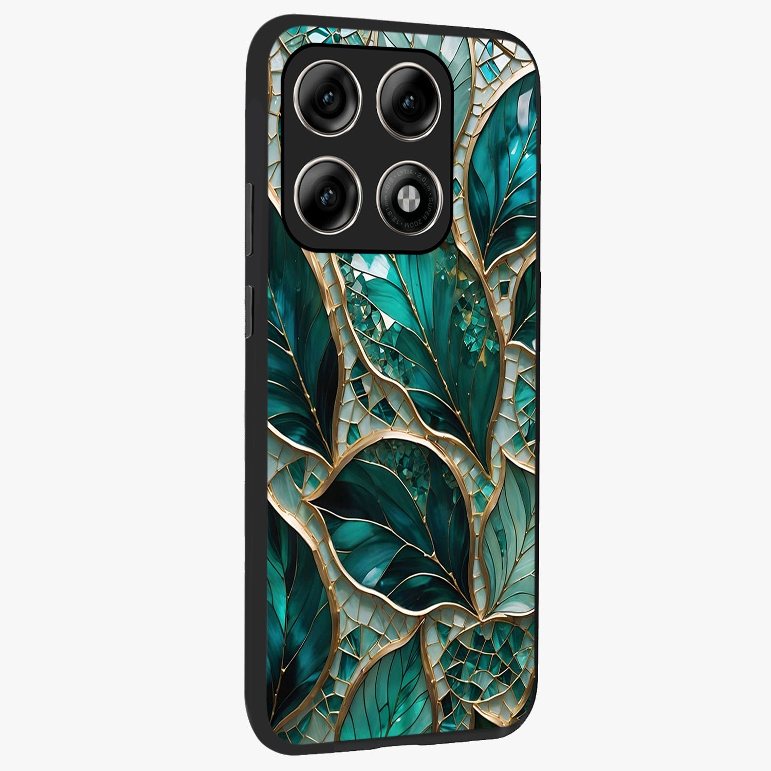 Emerald Leaf Glass Glass Case upright view showcasing fresh green leaf artwork with calming nature inspired style.