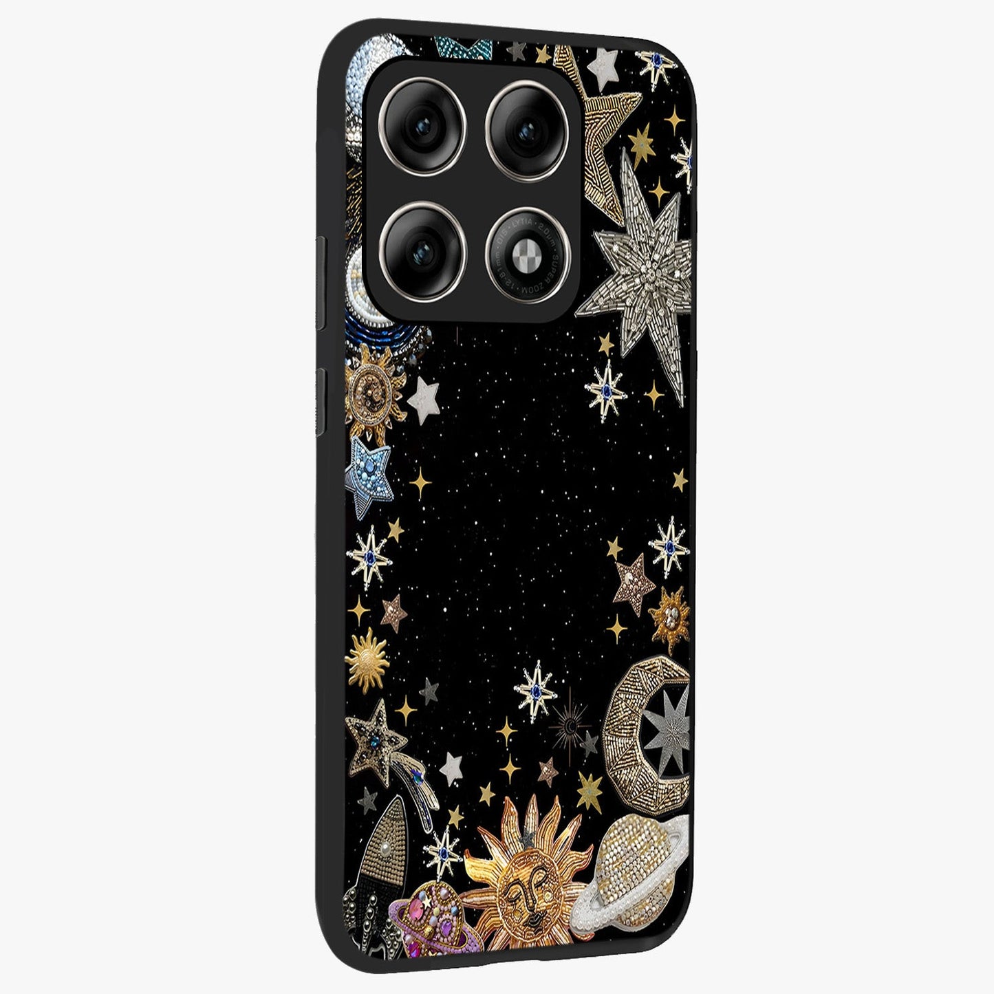 Galactic Jewel Stars Glass Case upright view showcasing glittering star jewel artwork with vibrant galaxy theme.