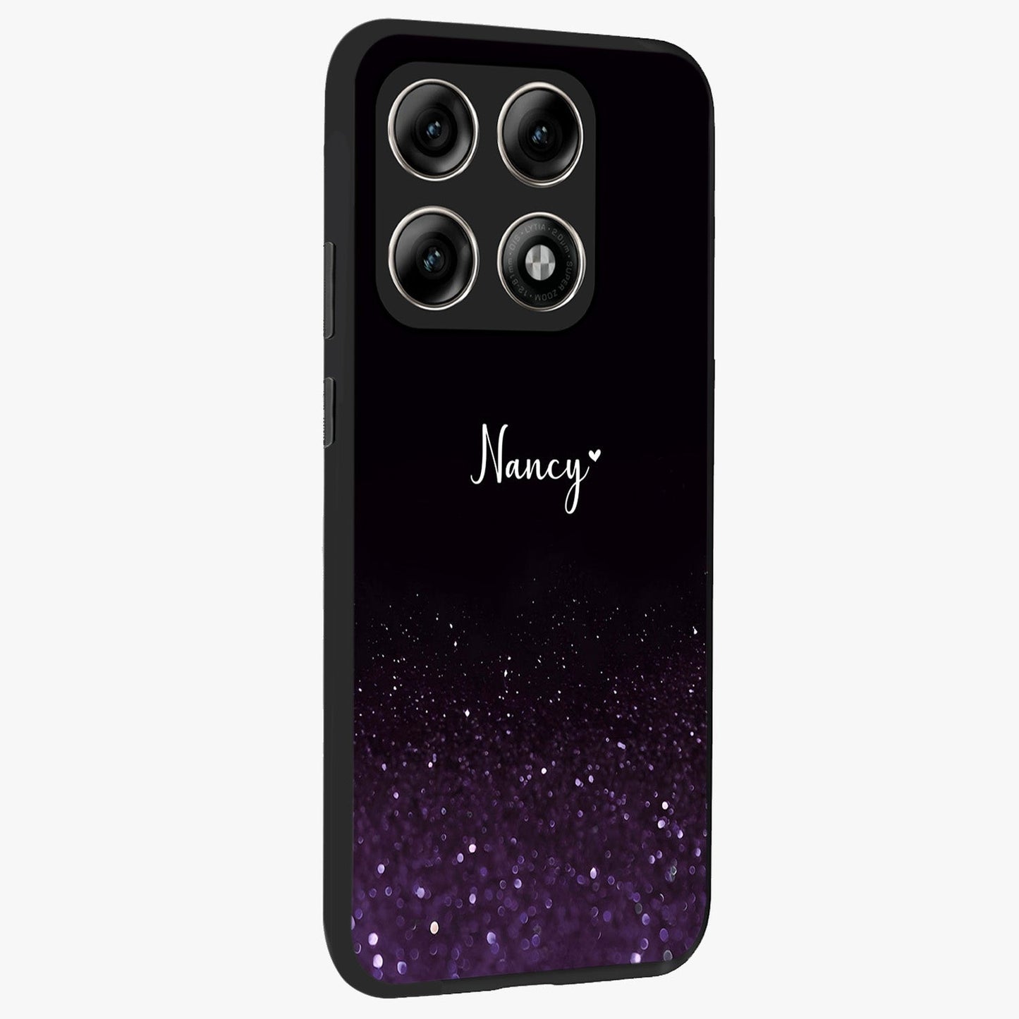 Glittery Purple Bokeh Custom Name Glass Case upright view showcasing vibrant purple sparkle artwork with personalized aesthetic style.
