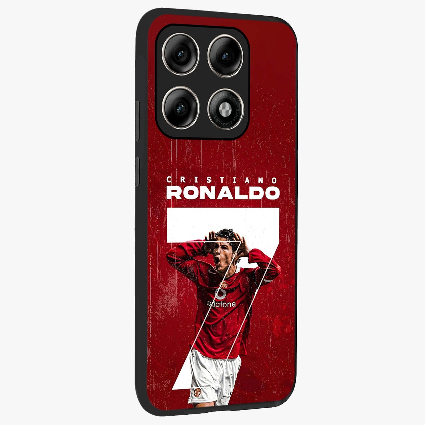 Goal Celebration Legacy Glass Case upright view showcasing dynamic football inspired artwork with victory celebration aesthetic.