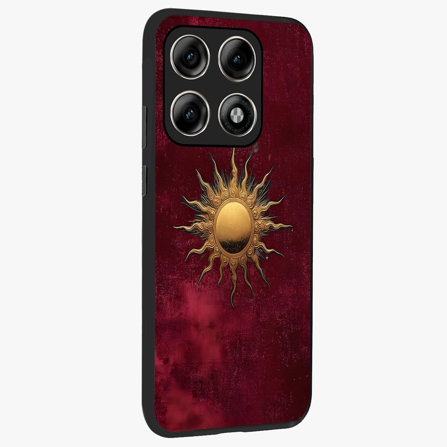 Golden Sun Minimalism Glass Case upright view showcasing simple golden sun artwork with elegant minimalist style.