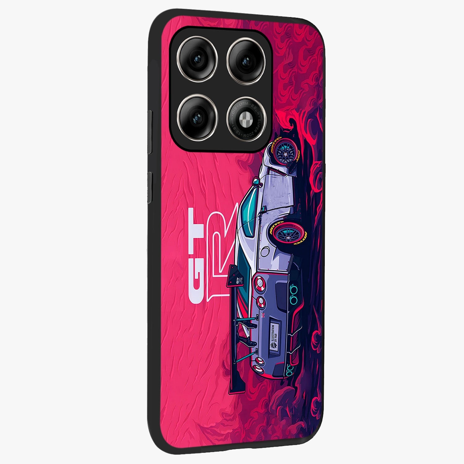 GT-R Car Pattern Glass Case upright view showcasing dynamic car pattern artwork with modern sports theme.