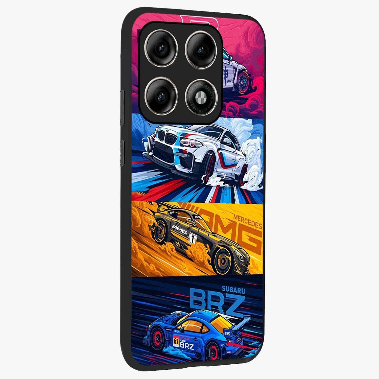 JDM Sports Car Glass Case upright view showcasing dynamic sports car artwork with bold racing theme.