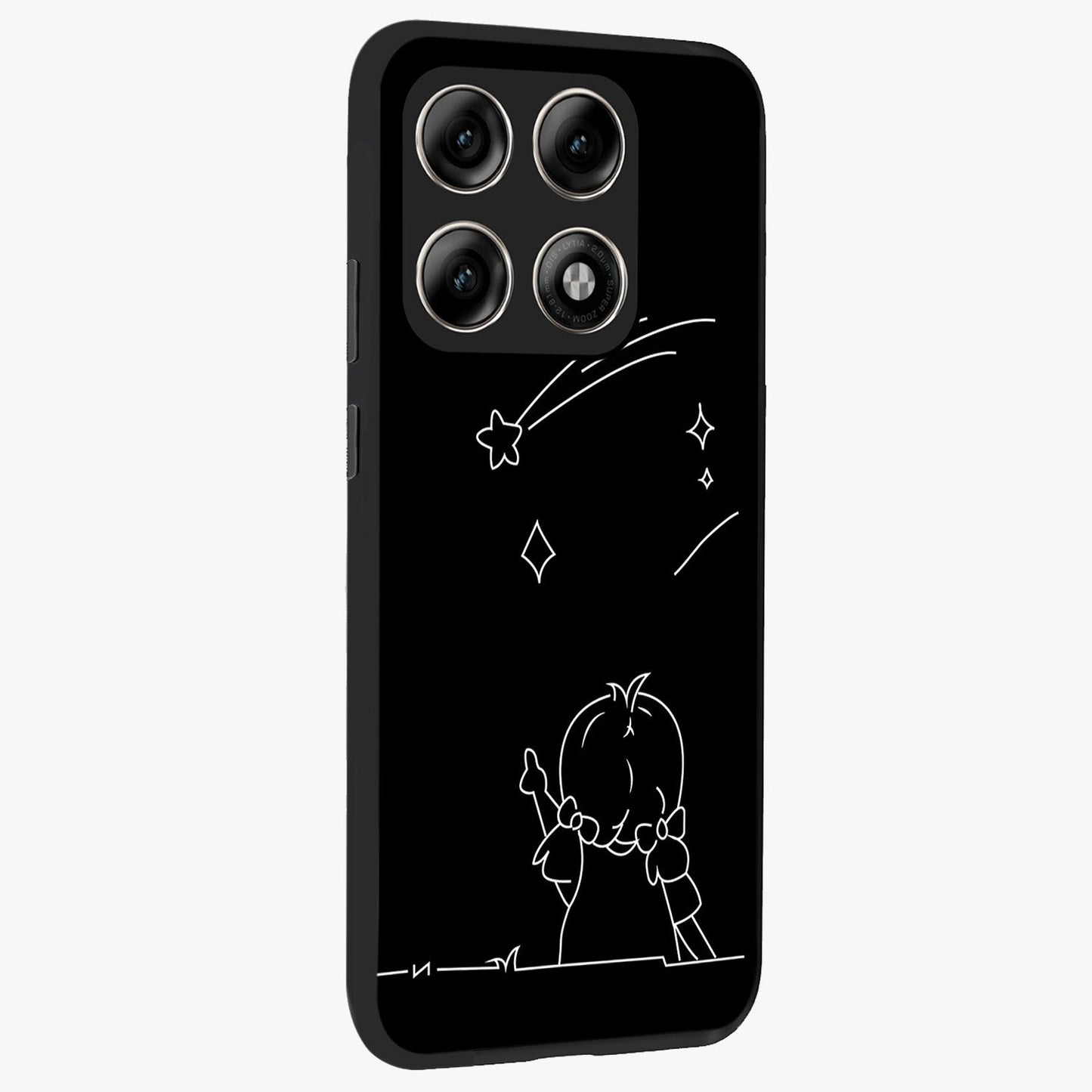 Line Art Girl With Shooting Stars Glass Case upright view showcasing delicate shooting stars artwork with minimal artistic theme.