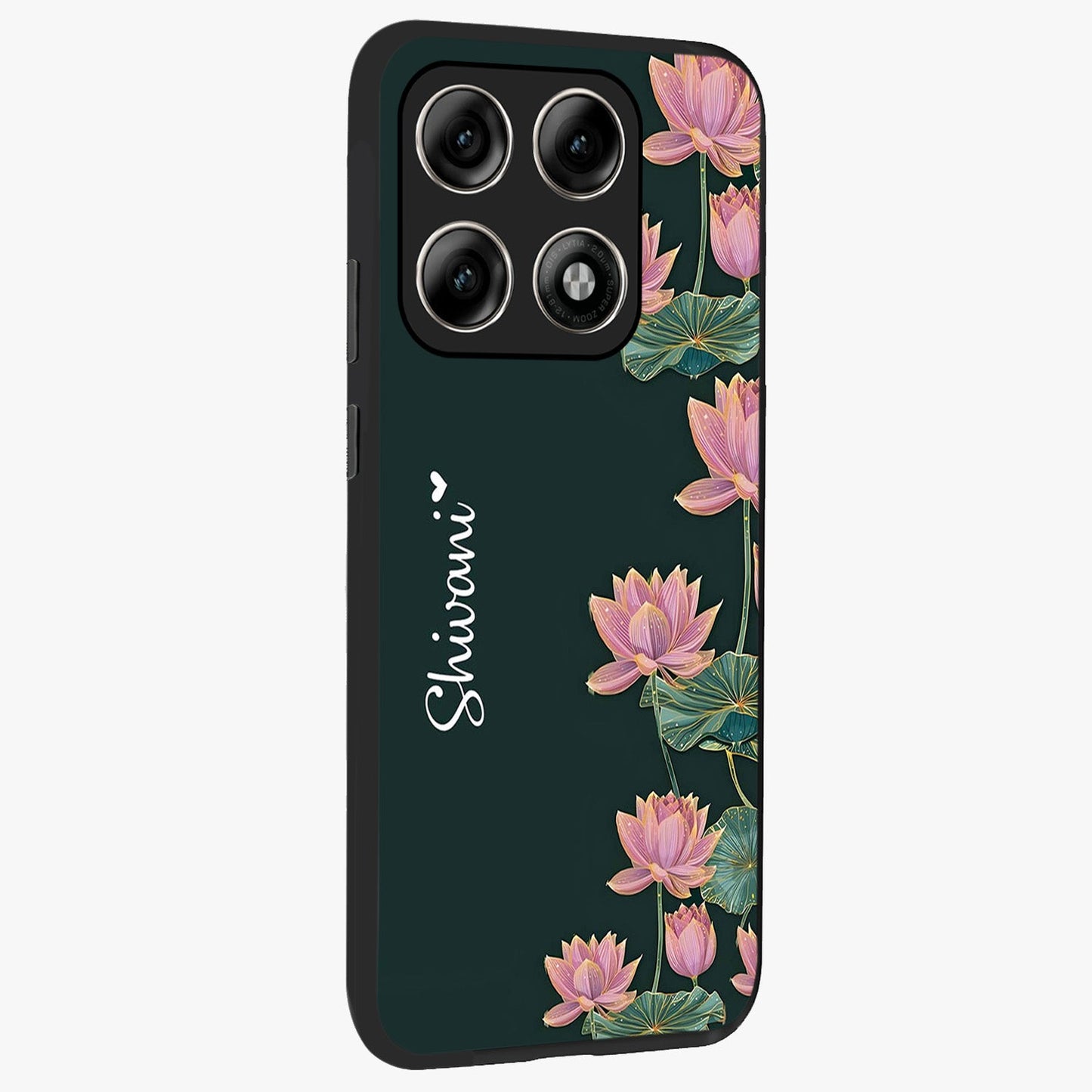 Lotus Bloom Serenity Custom Name Glass Case upright view showcasing serene lotus bloom artwork with personalized floral aesthetic.