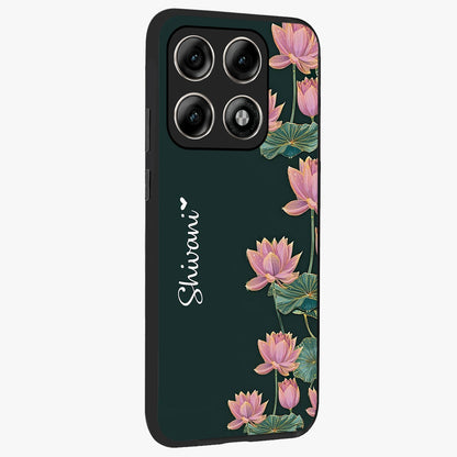 Lotus Bloom Serenity Custom Name Glass Case upright view showcasing serene lotus bloom artwork with personalized floral aesthetic.