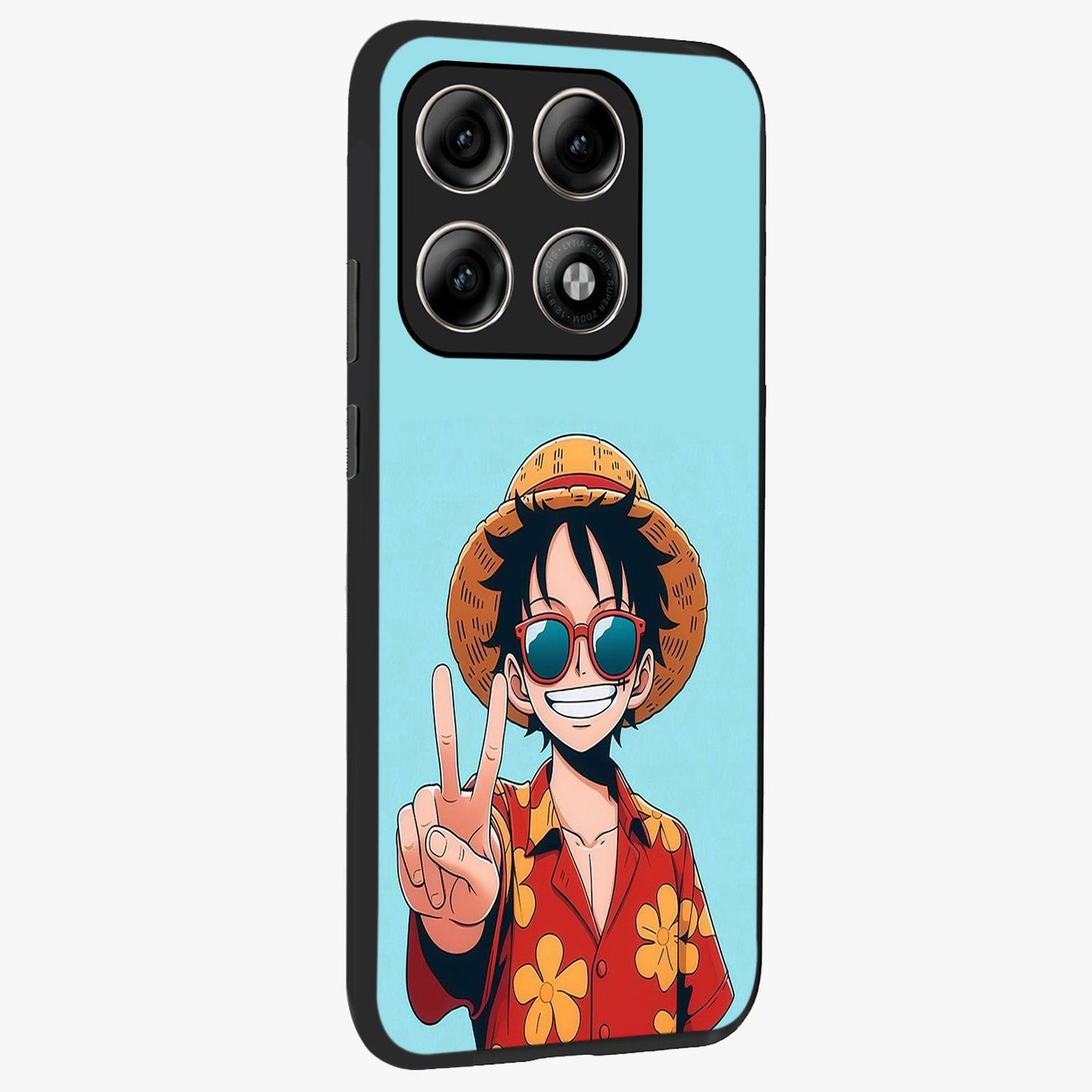 Luffy Summer Anime Vibe Glass Case upright view showcasing dynamic anime artwork with bright adventurous theme.