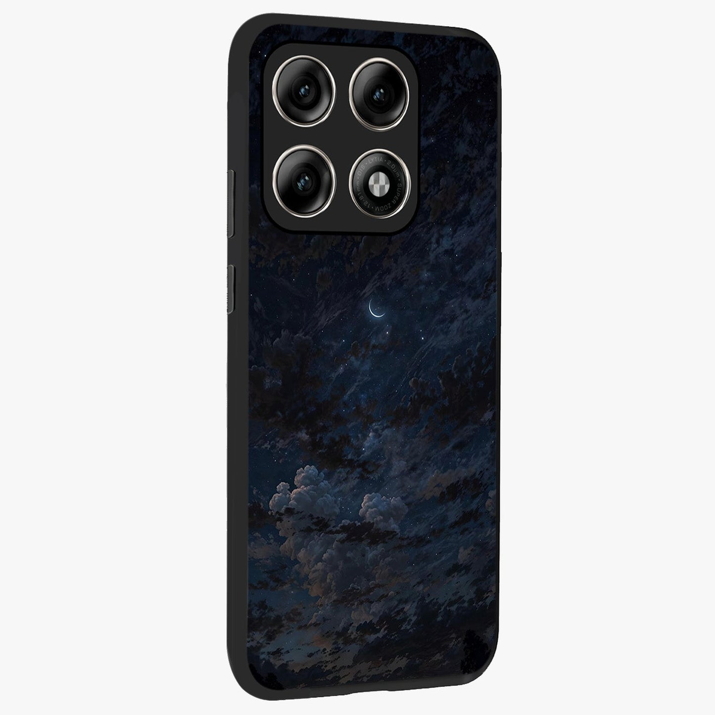 Lunar Veil Silence Glass Case upright view showcasing calm moon themed artwork with serene night atmosphere.