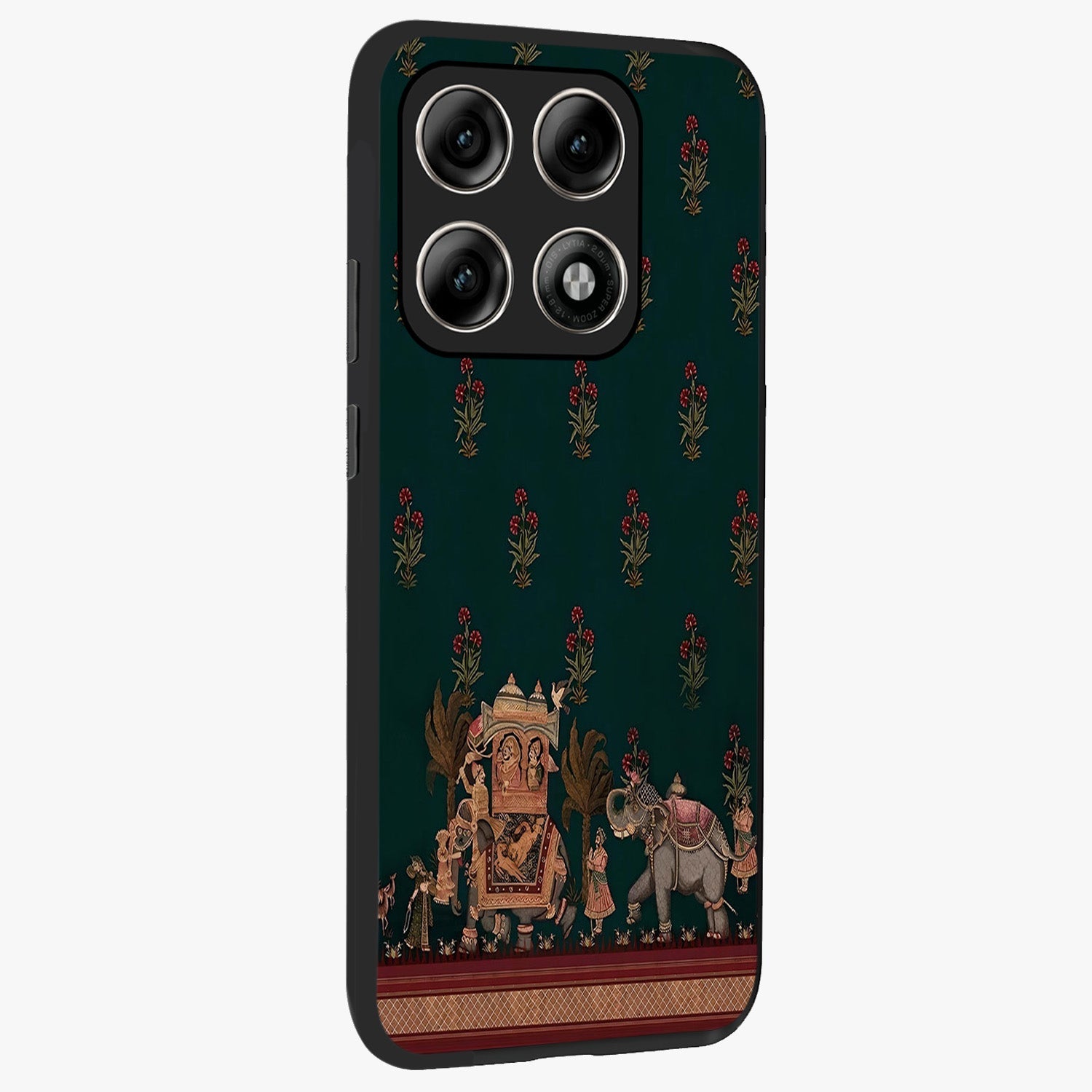 Macmerise Glass Case upright view showcasing bold artistic artwork with contemporary design theme.