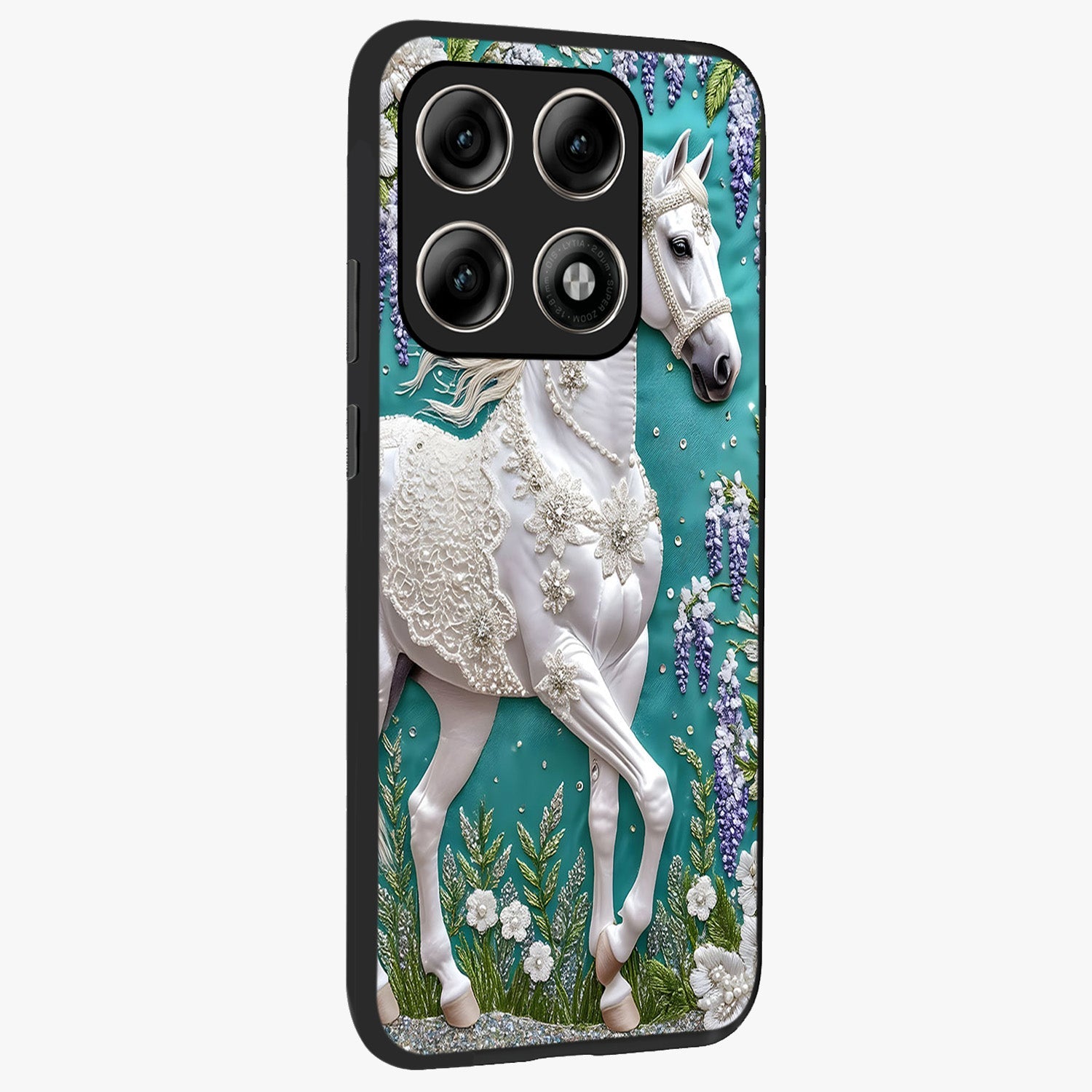 Majestic Floral Stallion Glass Case upright view showcasing dramatic horse artwork with decorative floral theme.