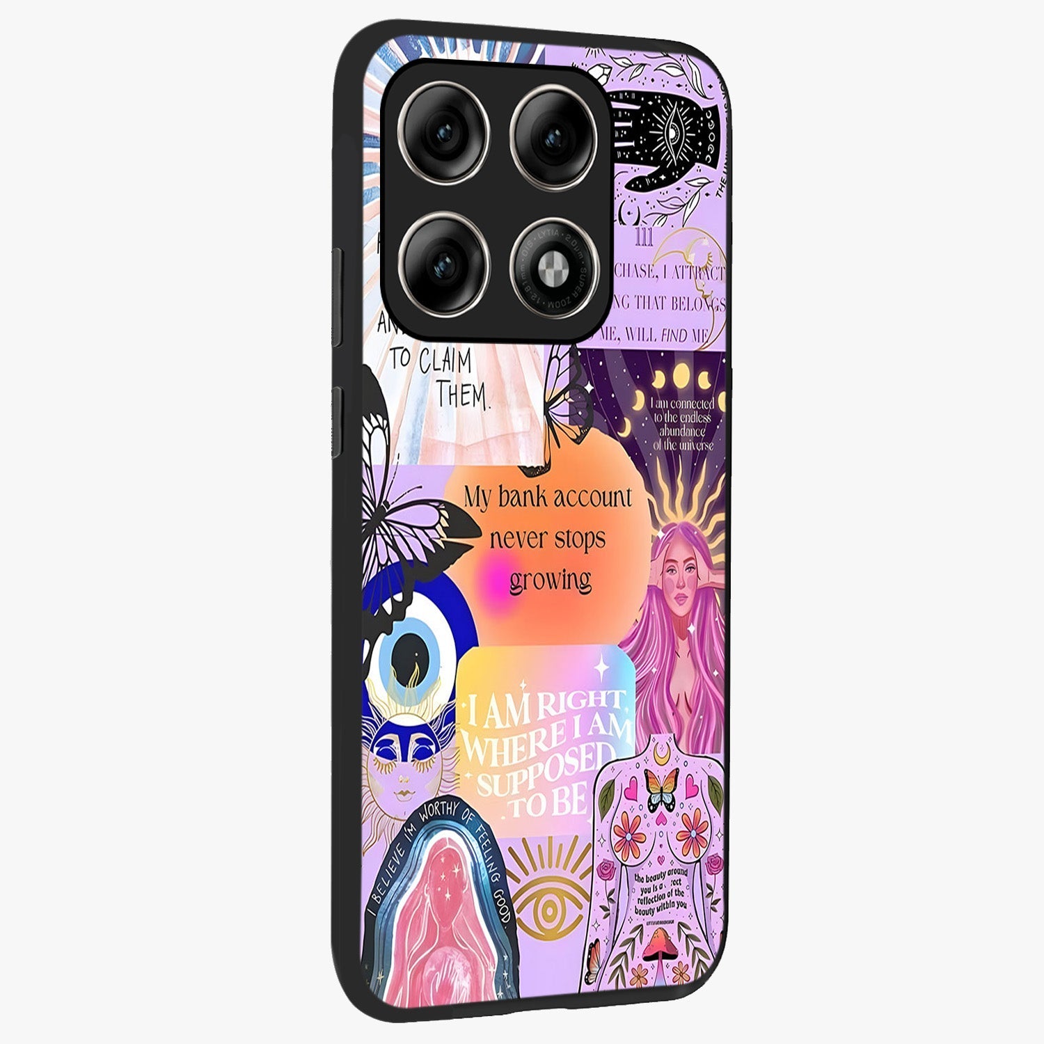 Manifestation Collage Glass Case upright view showcasing artistic manifestation themed artwork with creative style.
