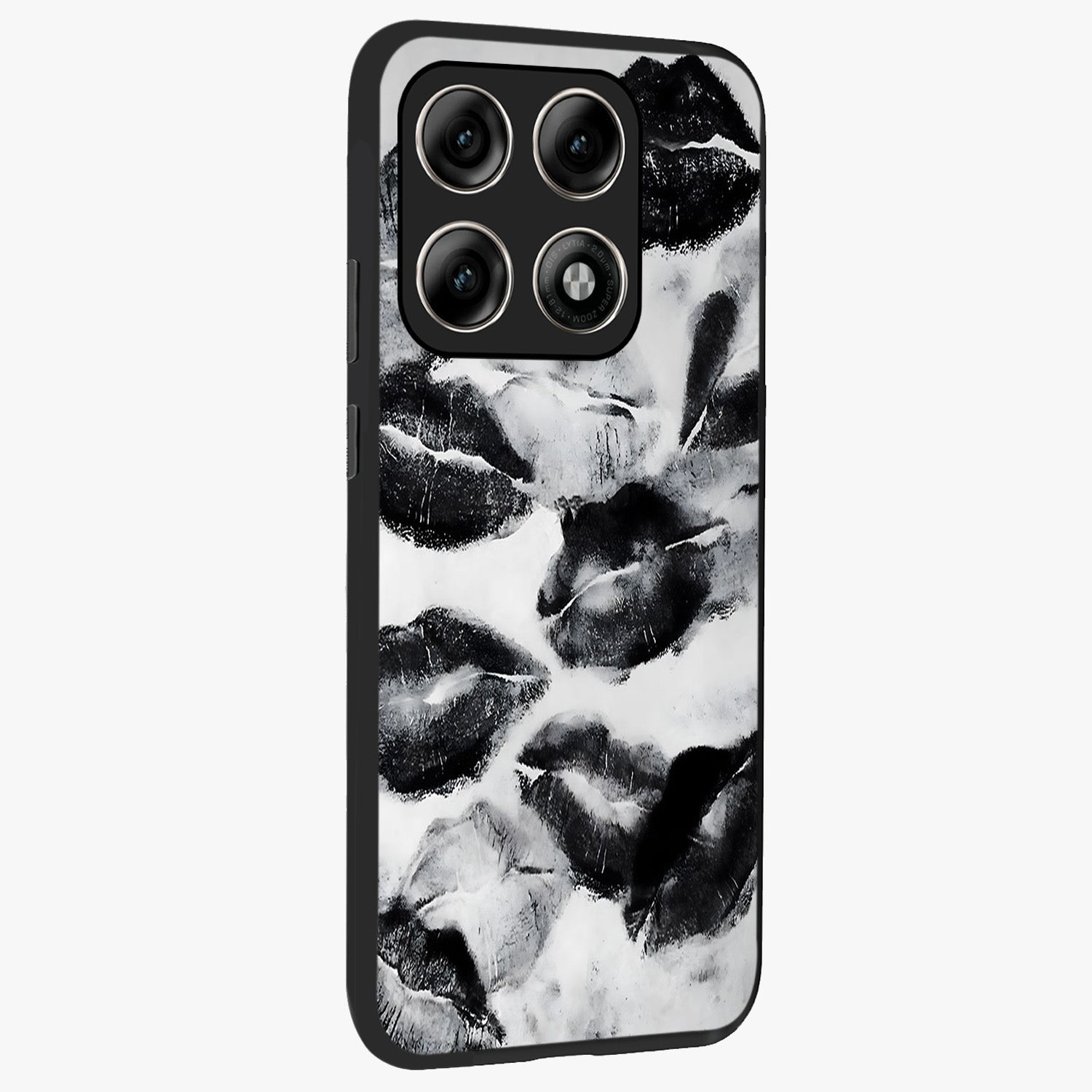Midnight Kiss Marks Glass Case upright view showcasing stylish kiss mark artwork with trendy romantic theme.