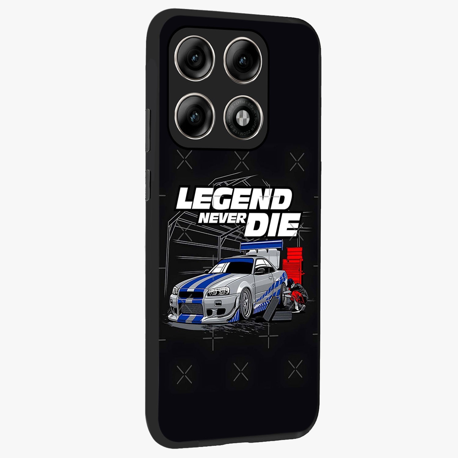 Midnight Racing Legacy Glass Case upright view showcasing powerful racing artwork with modern sports theme.