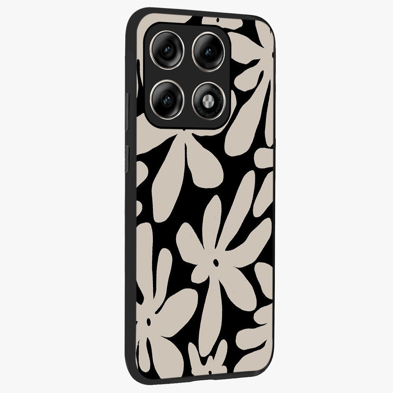 Monochrome Petal Dance Glass Case upright view showcasing artistic floral pattern with stylish monochrome theme.