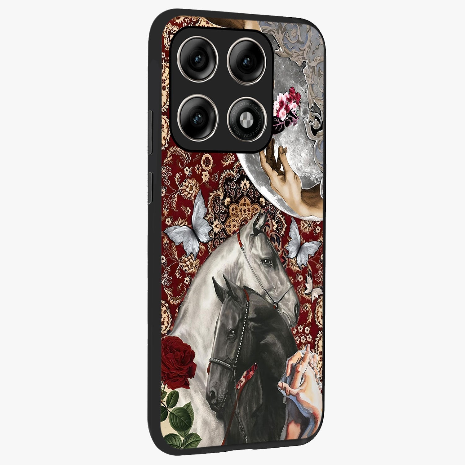 Moonlit Royal Stallion Glass Case upright view showcasing dramatic horse artwork with glowing moon themed design.