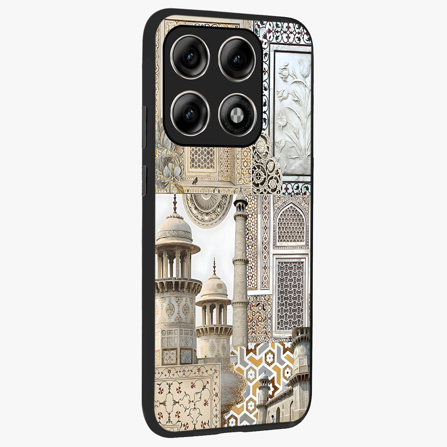 Mughal Marble Legacy Glass Case upright view showcasing ornate Mughal design with luxurious traditional theme.