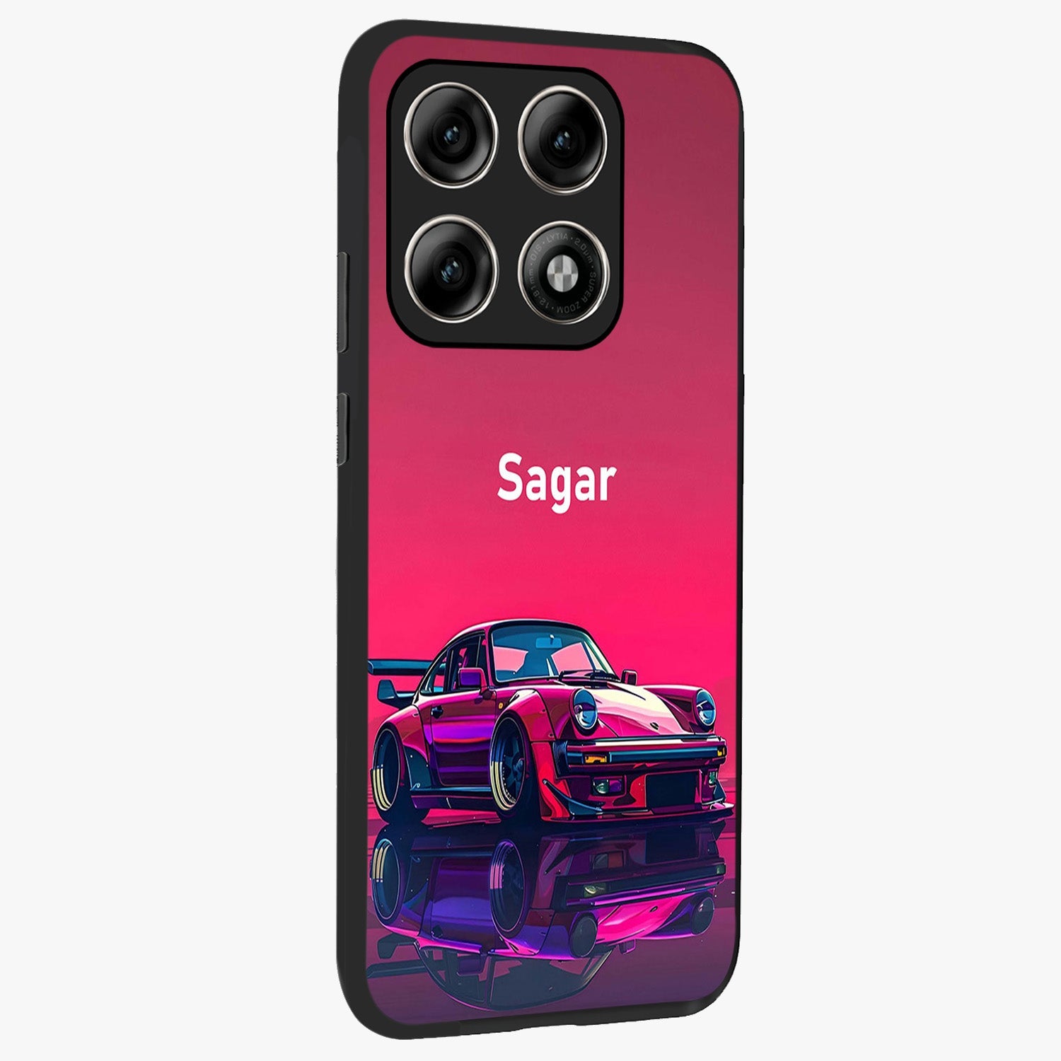 Neon Pink Porsche Glass Case upright view showcasing vibrant sports car artwork with bold automotive theme.