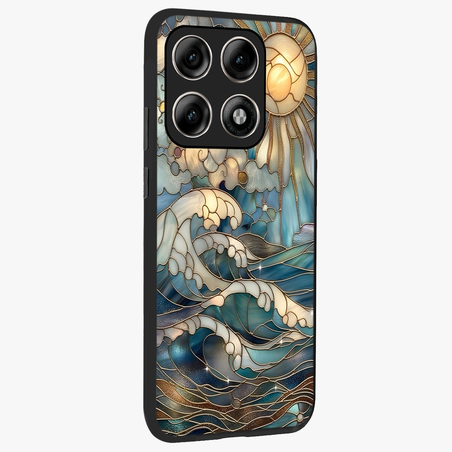 Oceanic Stained Printed Glass Case upright view showcasing decorative ocean pattern artwork with vibrant marine theme.