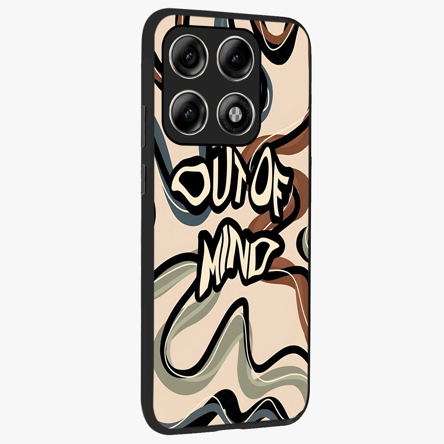 Out Of Mind Glass Case upright view showcasing striking typography artwork with edgy conceptual theme.