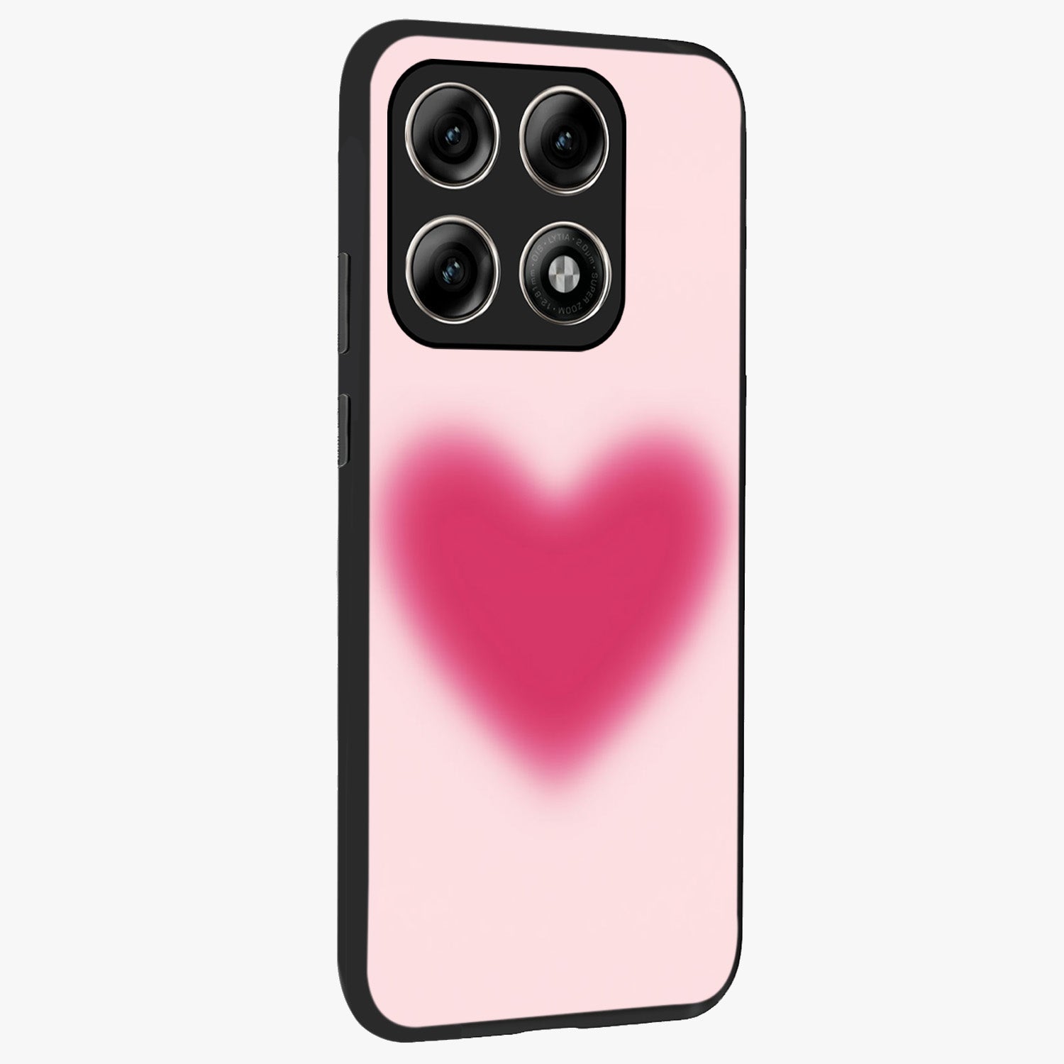 Pink Aura Heart Glass Case upright view showcasing romantic heart artwork with soft pastel theme.