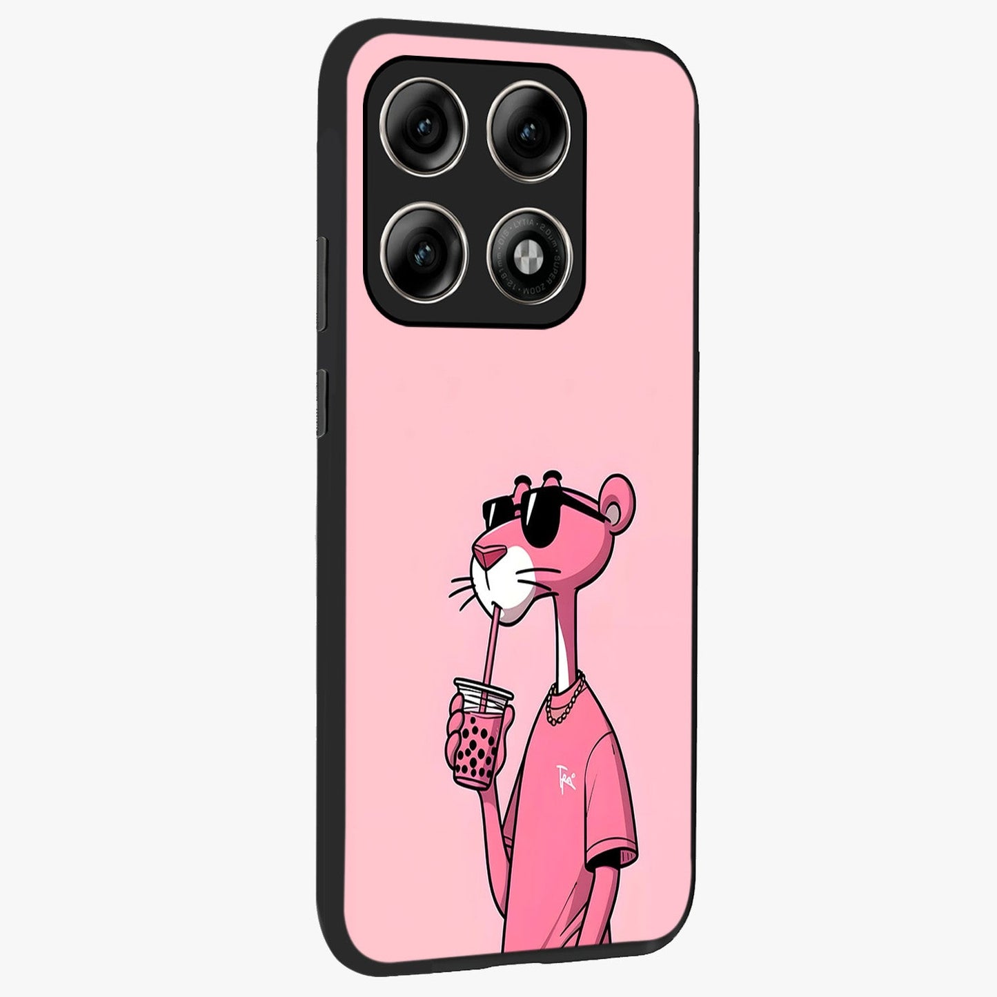 Pink Panther Glass Case upright view showcasing fun animated artwork with stylish retro cartoon theme.
