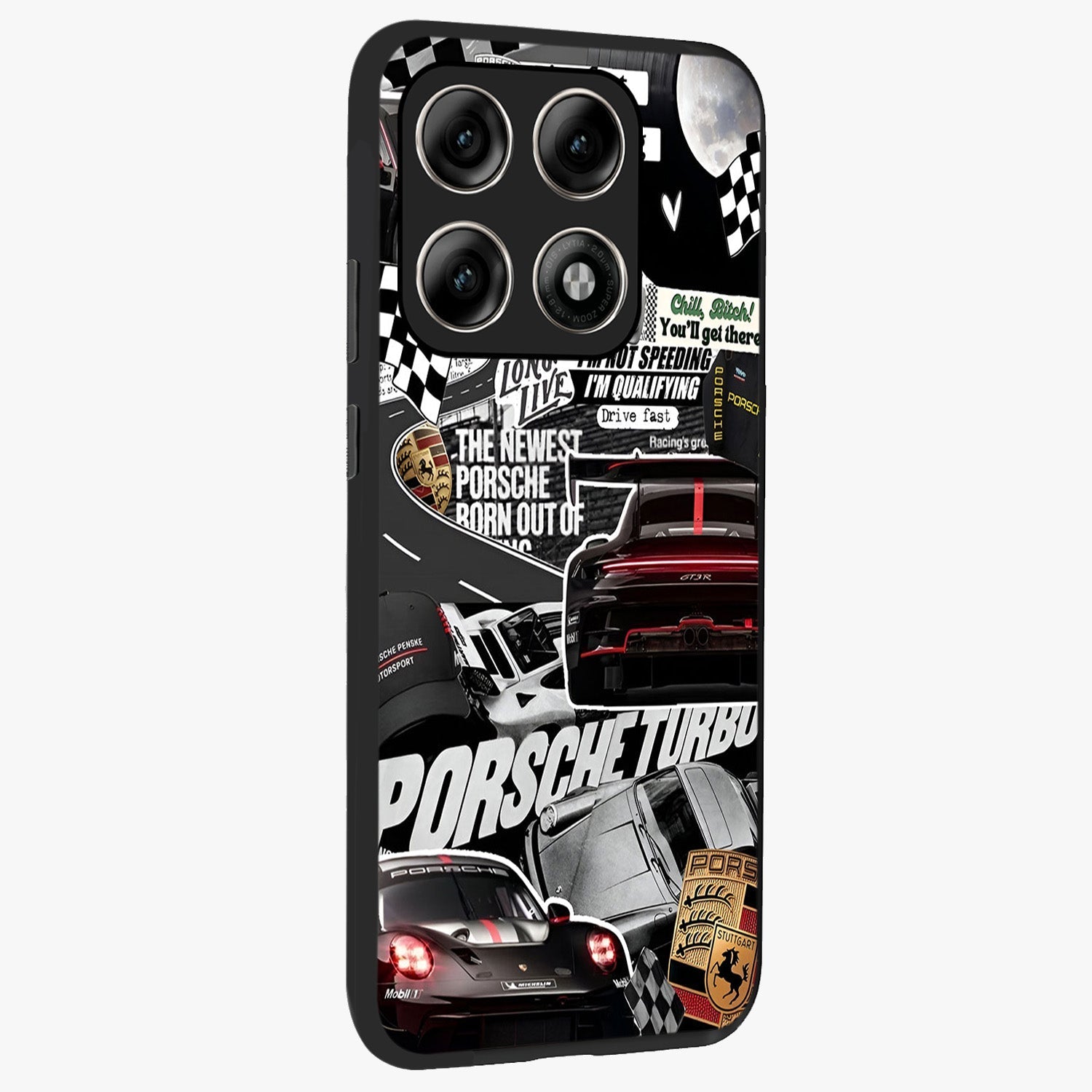 Porsche Racing Collage Glass Case upright view showcasing energetic car collage artwork with high speed racing theme.