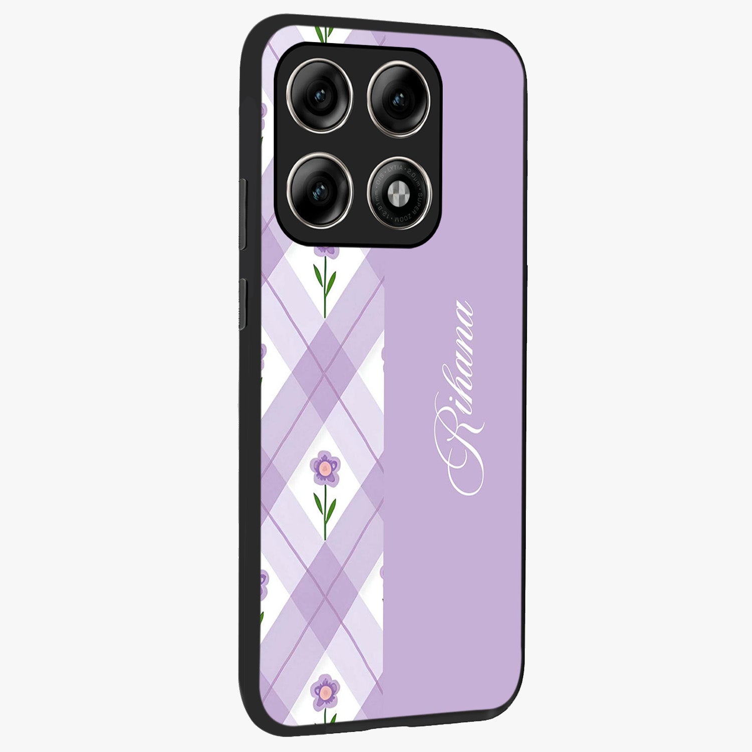 Purple Diamond Floral Glass Case upright view showcasing vibrant floral artwork with stylish geometric theme.