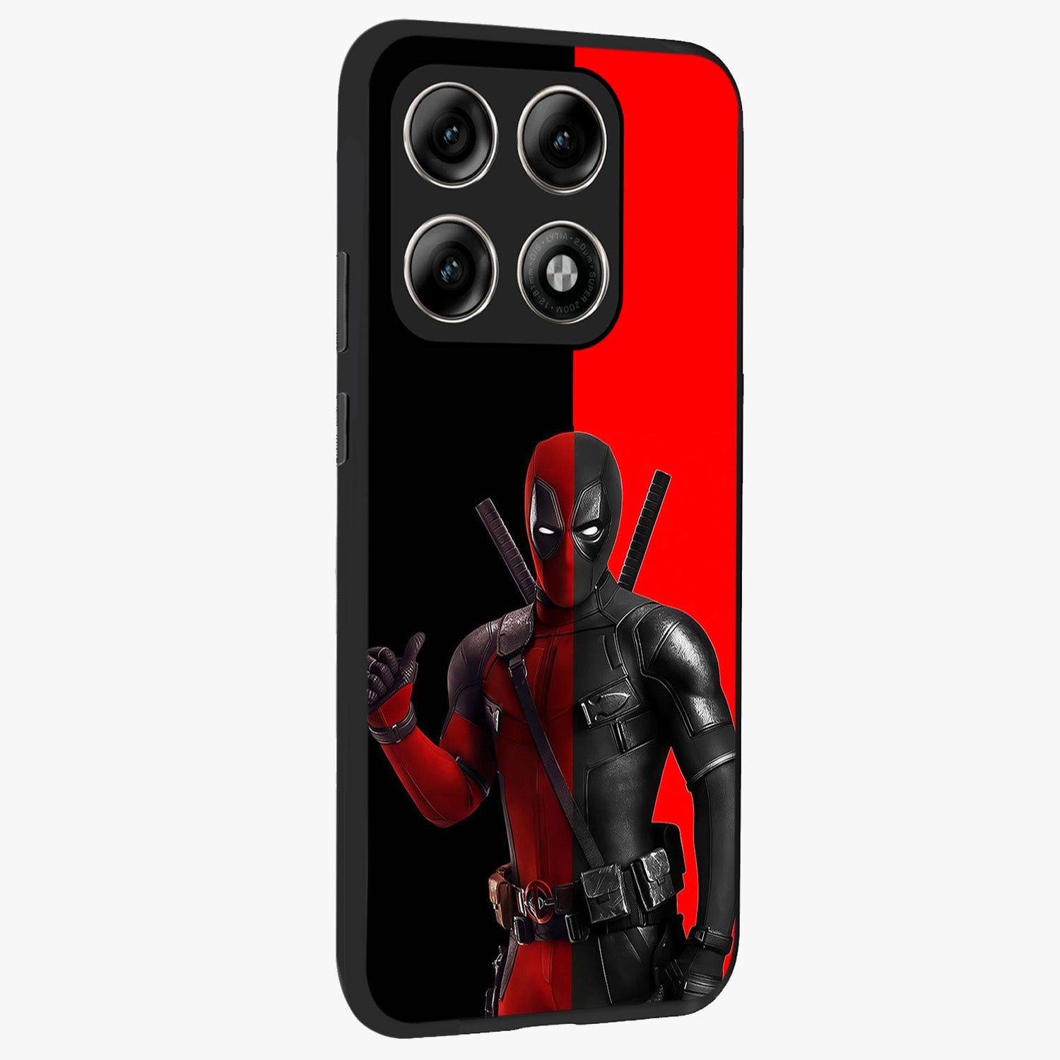Red & Black Deadpool Theme Glass Case upright view showcasing energetic comic themed artwork with striking red and black design.