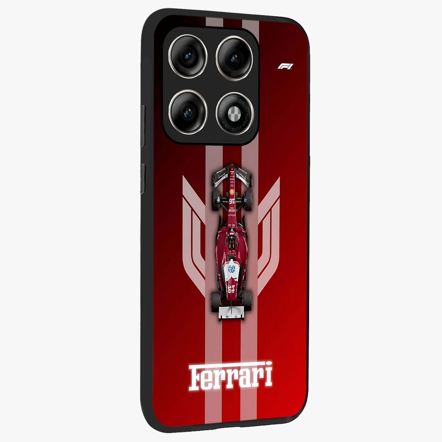 Red Ferrari F1 Vertical Glass Case upright view showcasing powerful Formula car artwork with dynamic motorsport theme.