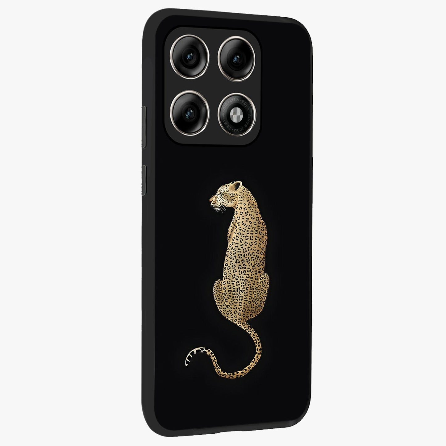 Regal Leopard Glass Case upright view showcasing striking leopard artwork with fierce wildlife theme.