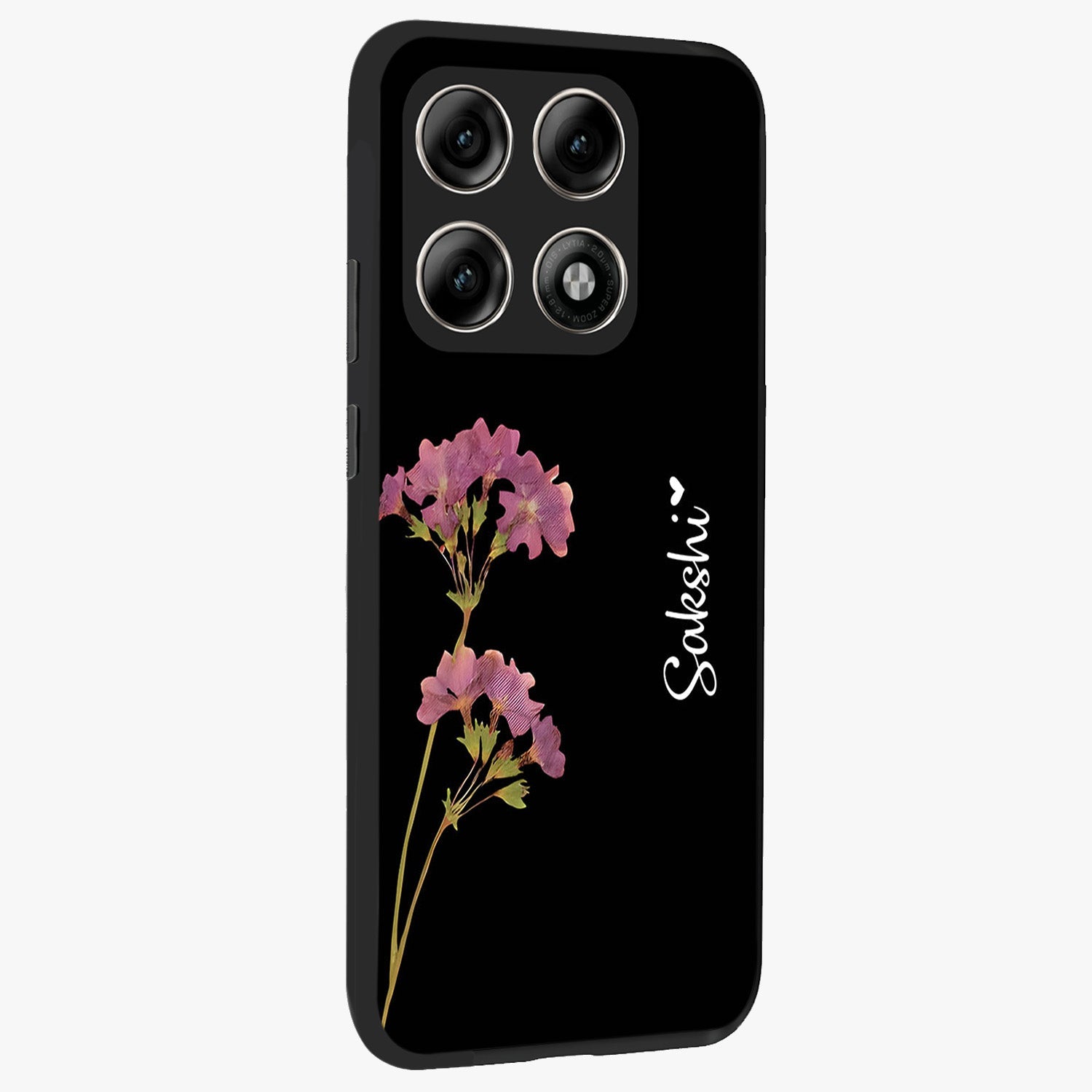 Riching Lavender Flower Custom Name Glass Case upright view showcasing elegant lavender floral artwork with personalized aesthetic.