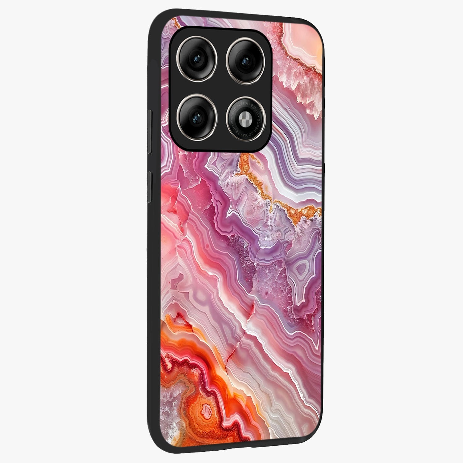 Rose Quartz Marble Glass Case upright view showcasing decorative marble artwork with luxurious pastel theme.