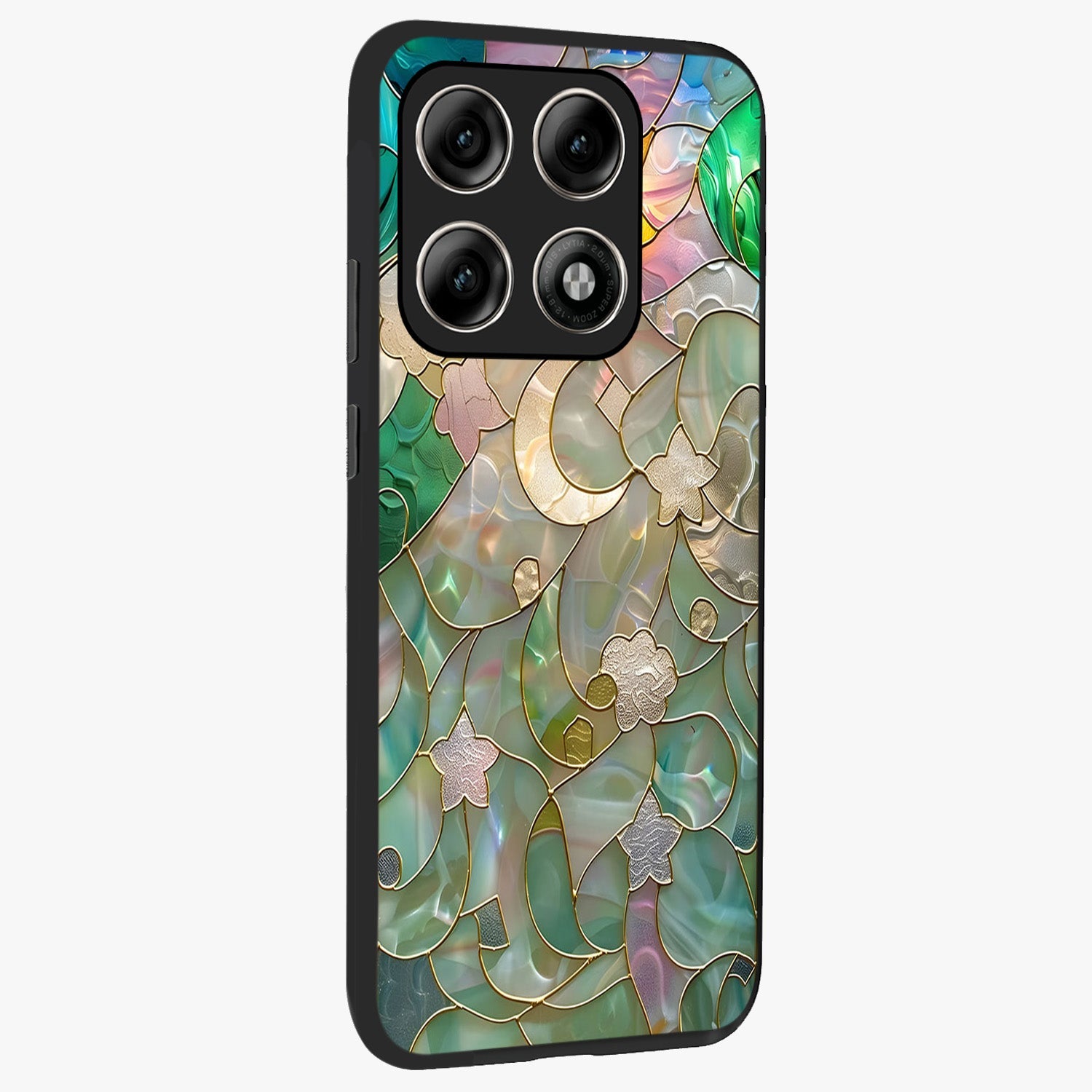 Stained Sunrise Glow Glass Case upright view showcasing colorful sunrise artwork with warm morning theme.