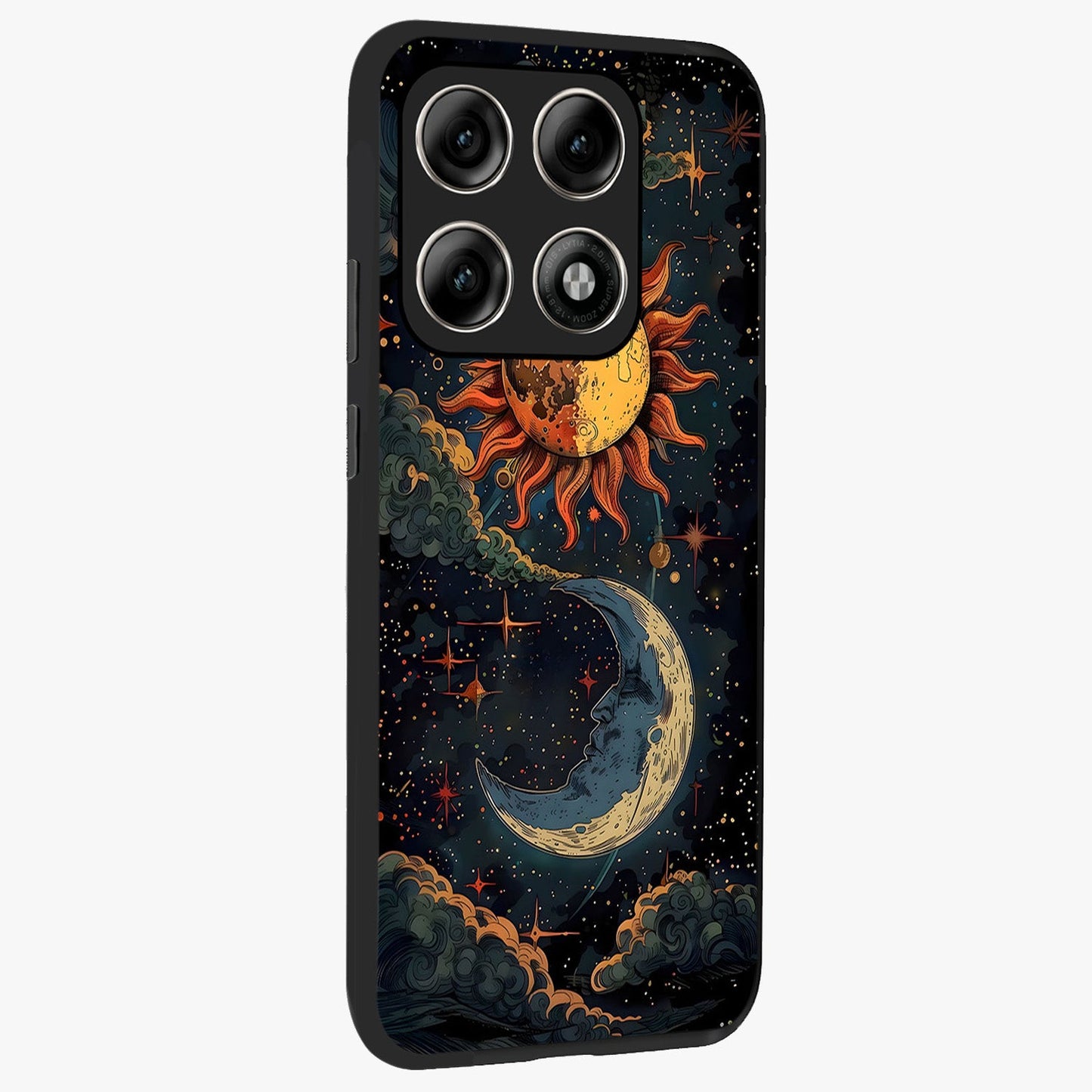 Sun And Moon Magic Design Glass Case upright view showcasing decorative sun and moon artwork with spiritual celestial theme.